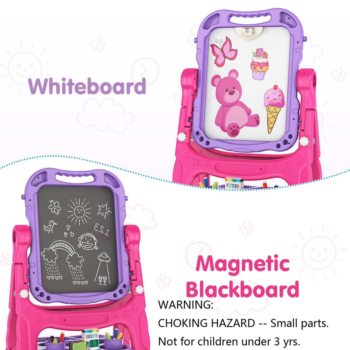 Amagoing Easel for Kids, Adjustable Standing Art Easel for Toddler, Double Side Drawing Board with Painting Accessories, Birthday Christmas Gift Toy for Boys Girls 3 4 5 6 Years Old, Purple