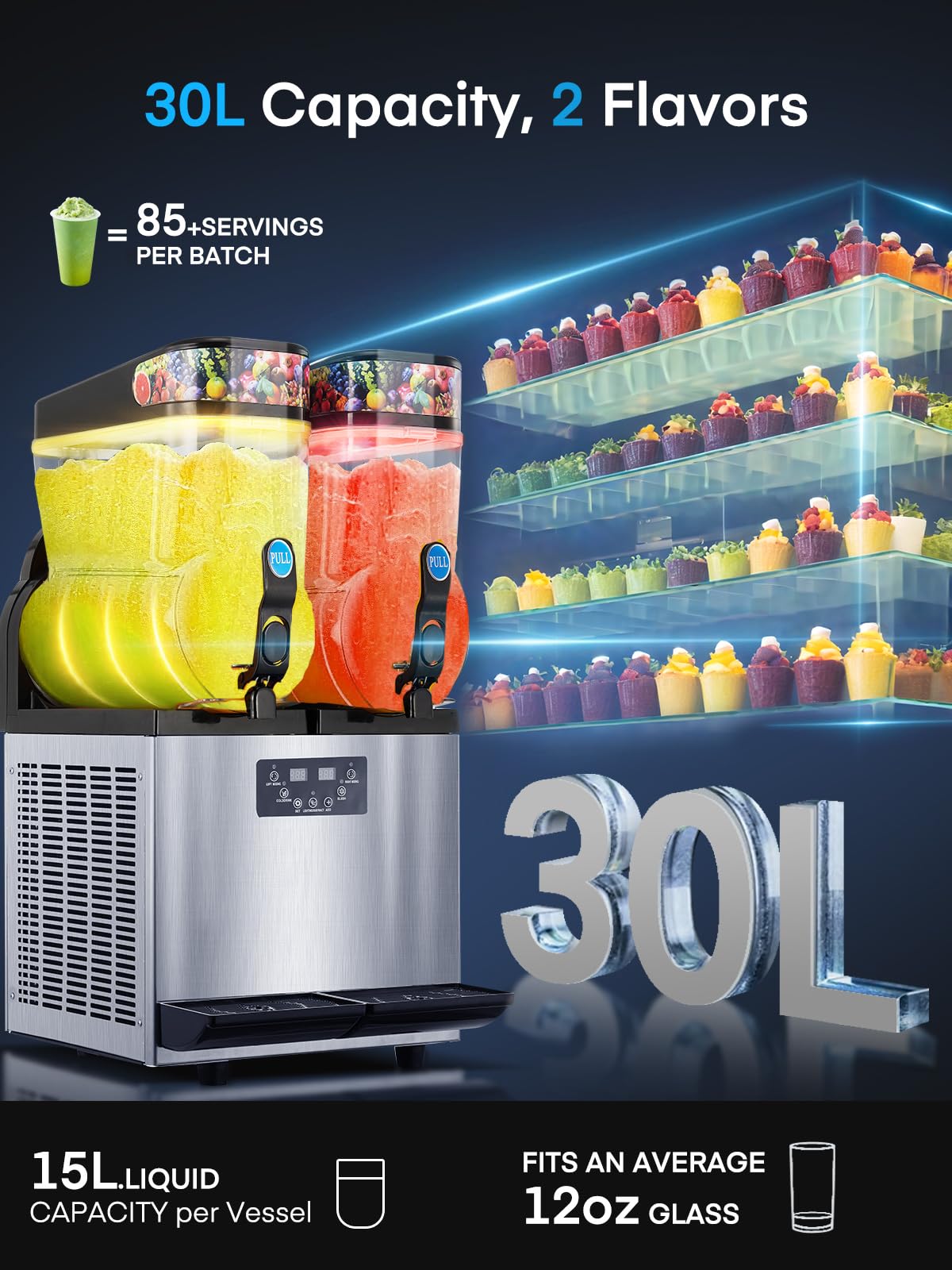 Commercial Slushy Machine 8Gal/30L, Stainless Steel Margarita Smoothie Frozen Drink Machine, 25-Minute-to-Go Slushie Machine & ETL Approval, Margarita Machine for Restaurants Cafe Bars (2 * 15L)