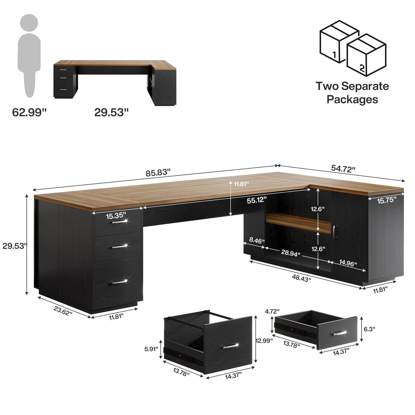 Tribesigns 85.8-Inch L-Shaped Executive Desk with File Drawers, Door Cabinet & Shelves, Extra Large Commercial Office Desk, Modern Professional Office Table, Business Furniture, Warm Brown & Black