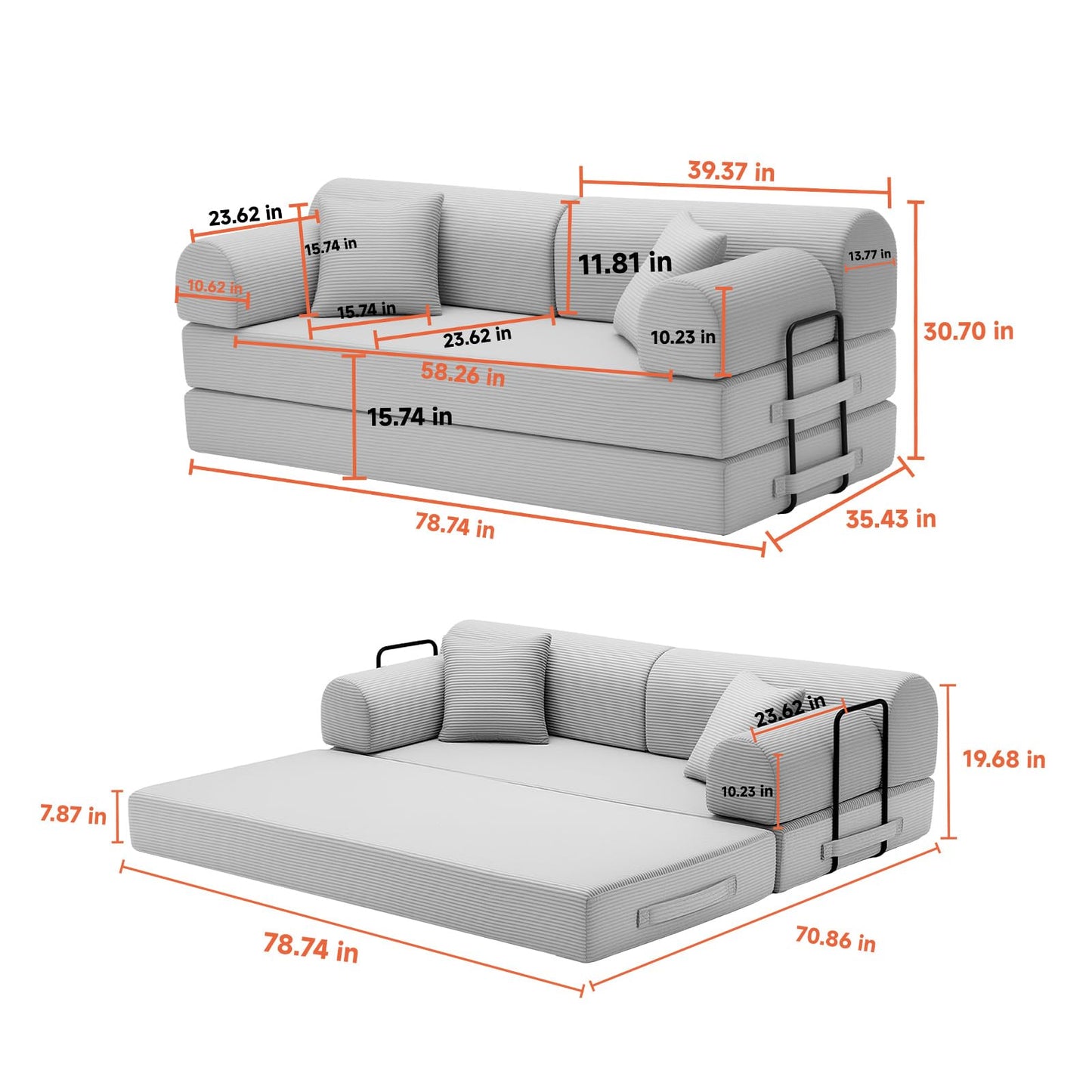 KEIKI Convertible Sleeper Sofa Bed Folding Lounge Design with Cylindrical Pillow, Corduroy Upholstered Mattress Couch, Fixed Shape Frame for Living Room Bedroom Relaxing and Resting Use