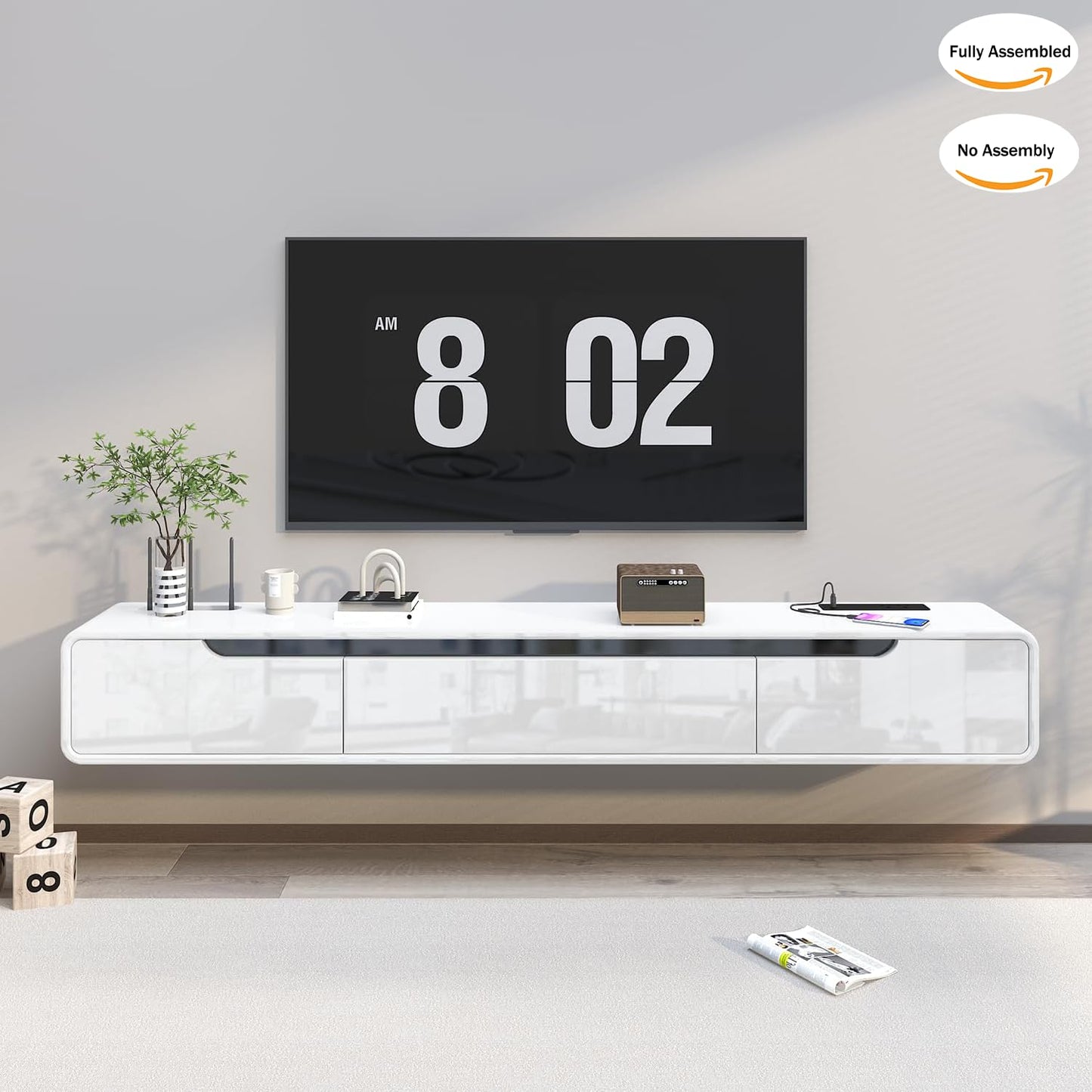 Fully Assembled 71inch High Gloss Floating TV Stand No Assembly with Fast Charging USB Wall Mounted TV Cabinet Piano Lacquer TV Cabinet with 3 Doors Easy To Clean For Living Room Bedroom (White)