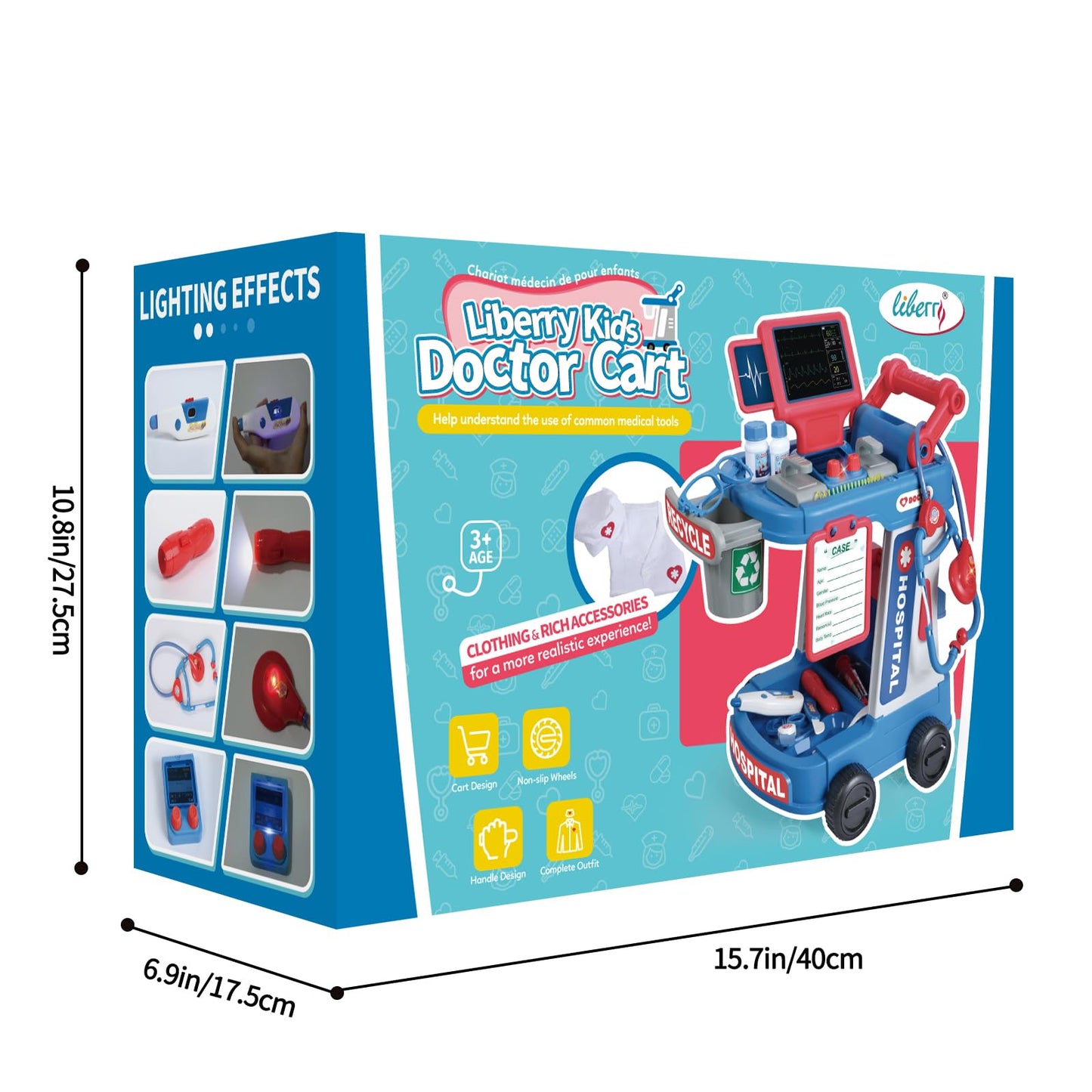 Liberry Doctor Kit for Toddlers Ages 2 3 4 5, Pretend Kids Doctor Playset with Cart, Costume and Stethoscope, Role Play Medical Toys Birthday Gift for Girls Boys (Blue)