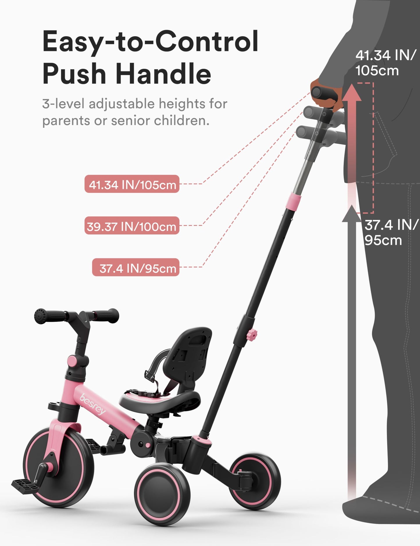 besrey 4 in 1 Toddler Bike, Toddler Tricycle for 1-3 Year Old, Trike with Push Handle, Backrest and Safety Belt, Birthday Gifts and Toys for Boys and Girls, Balance Bike