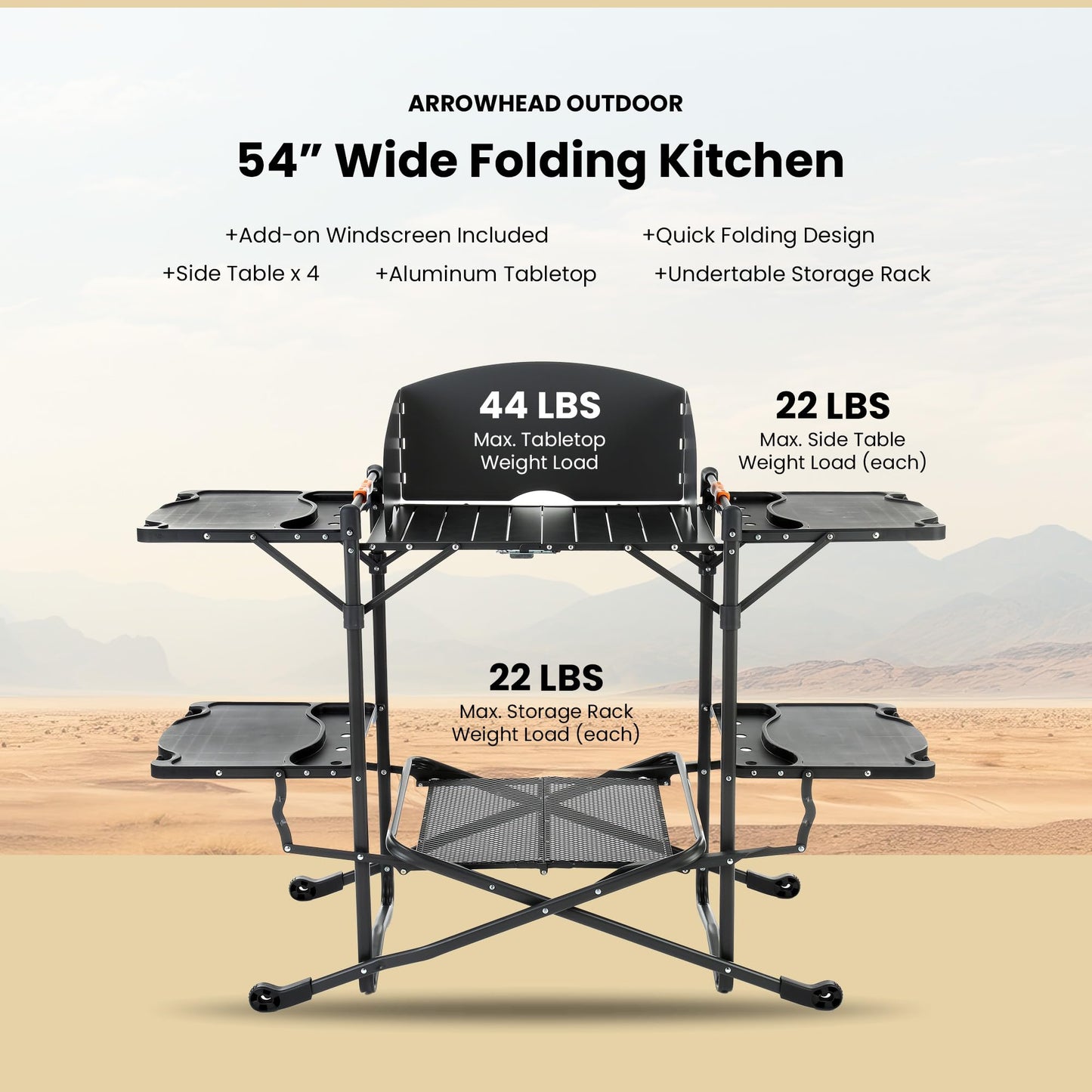 ARROWHEAD OUTDOOR 54" Wide Quick Folding Kitchen Station with Add-on Windscreen, 4 Side Tables, Aluminum Tabletop, Tool-Hanging Cord, 154 LBS Max Weight Load, for Patio BBQ and Camping