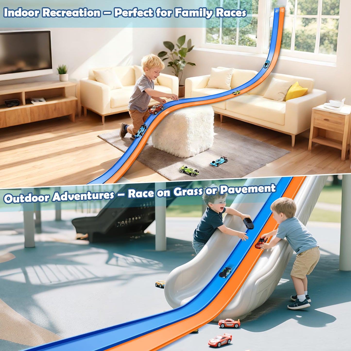 15 Ft Flexible Race Track for Kids 3+, Certified Safe Flex Race Car Ramp, Portable Roll-Up Toy Track Starter Set with Strong Suction Cups for 1/64 Diecast Cars, Great Gift for Boys and Girls