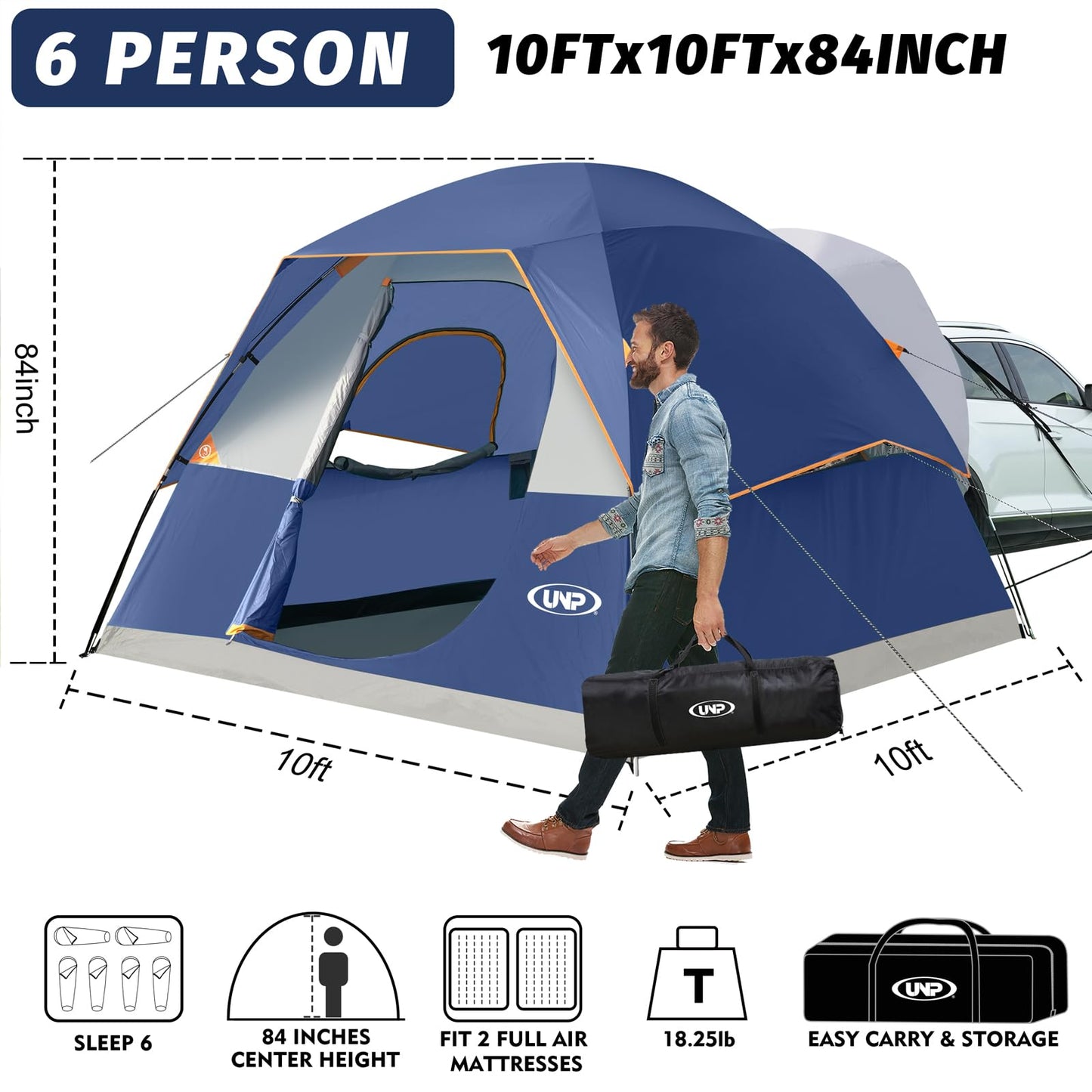 UNP SUV Dome Tent for Camping, Outdoor 6 Person Car Camping Tent, Easy Set Up SUV Tailgate Tent with Rainfly 10' x 10' Vehicle Camping Tent