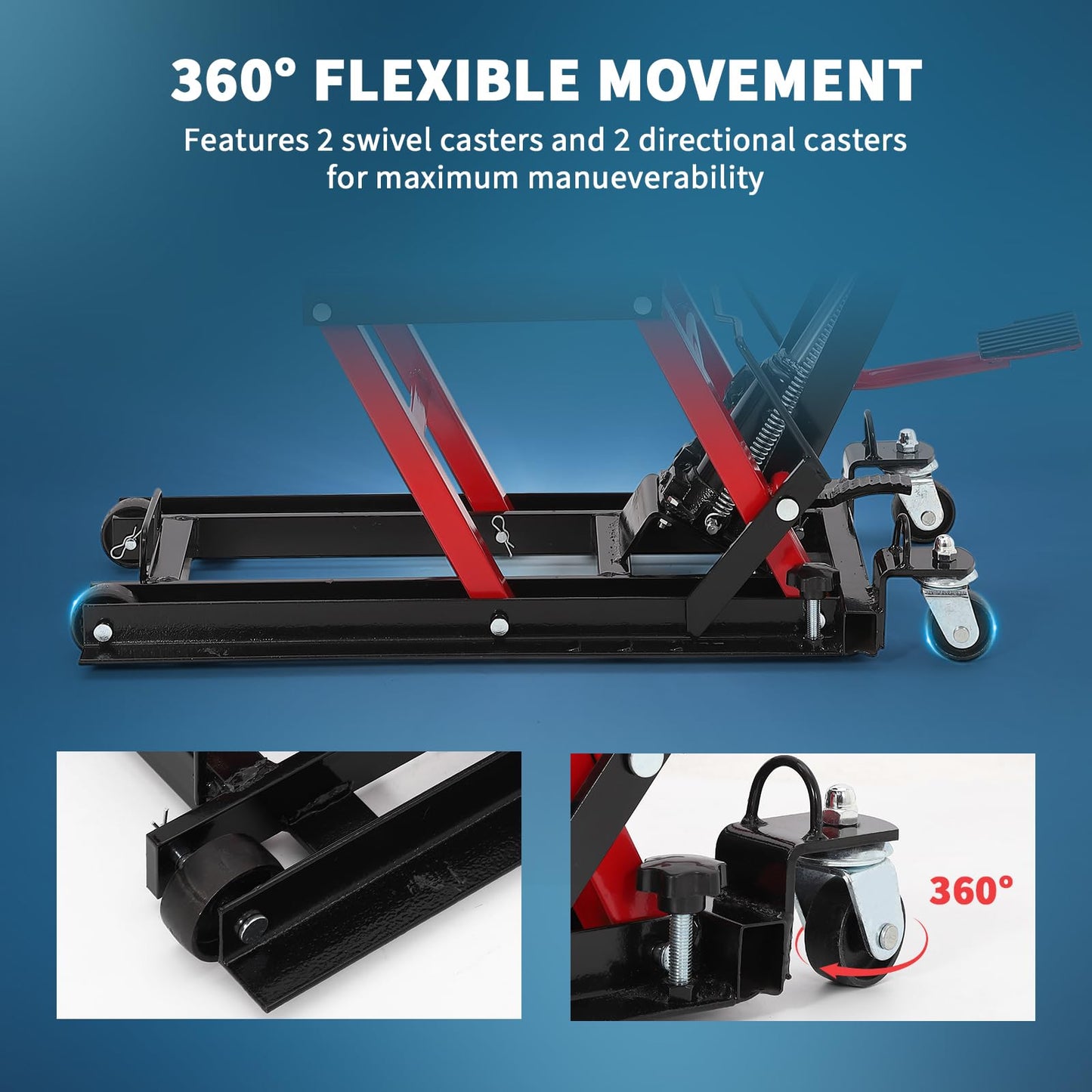 Hydraulic Motorcycle Lift Jack, 1500LB Capacity Scissor Jack for Dirt Bikes & ATVs, 4.7-14.57 Inch Lift Height, Non-Slip Platform & 360° Swivel Casters, Red Garage Lift