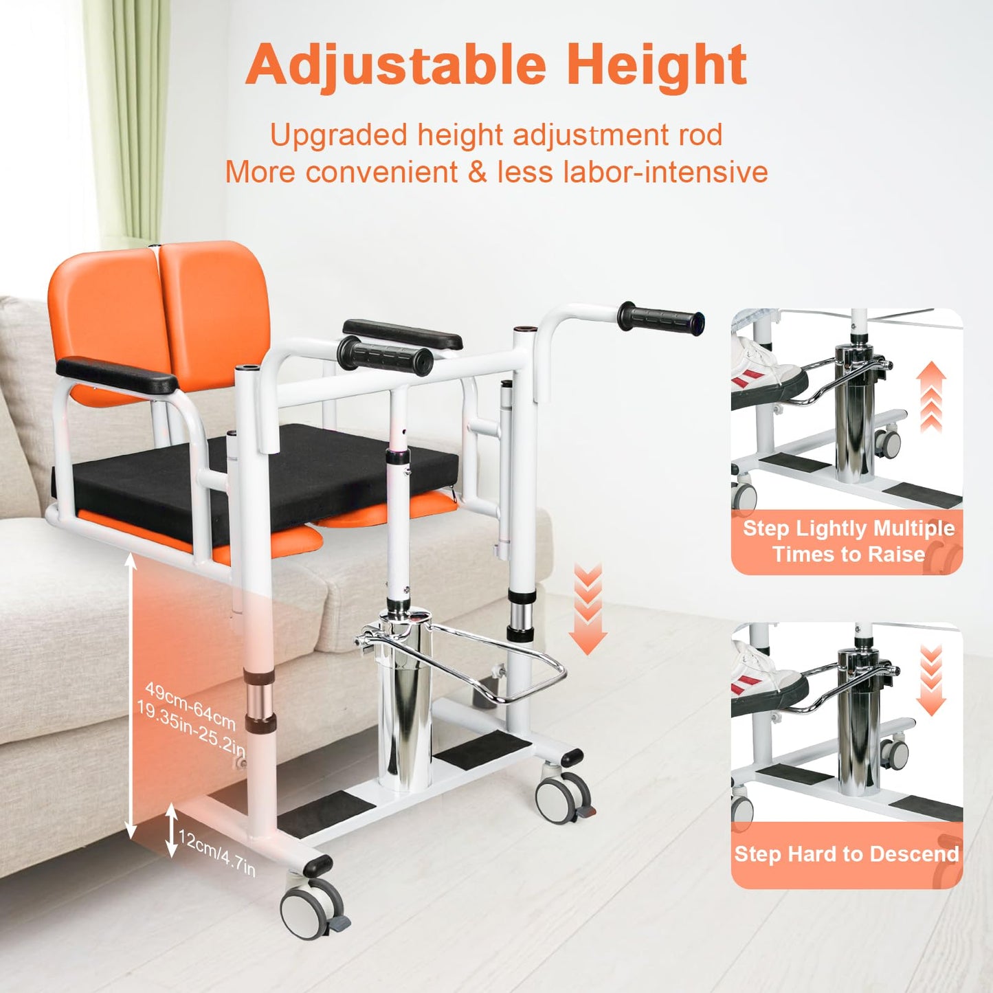 mindmed Patient Lift Transfer Chair for Home, 440lbs Capacity, 4 in 1 Patient Lift Transfer Chair with 180° Split Seat, Upgraded Rod for Height Adjustable, for Elderly Transfer to Bed/Toilet (Orange)