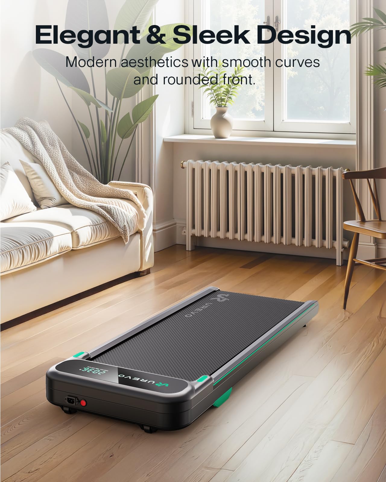 URUREVO Smart Walking Pad, Quiet Under Desk Treadmill with APP & Remote, Portable Shock-Absorbing Walking Jogging Machine, Sleek Compact Design for Home Office Fitness