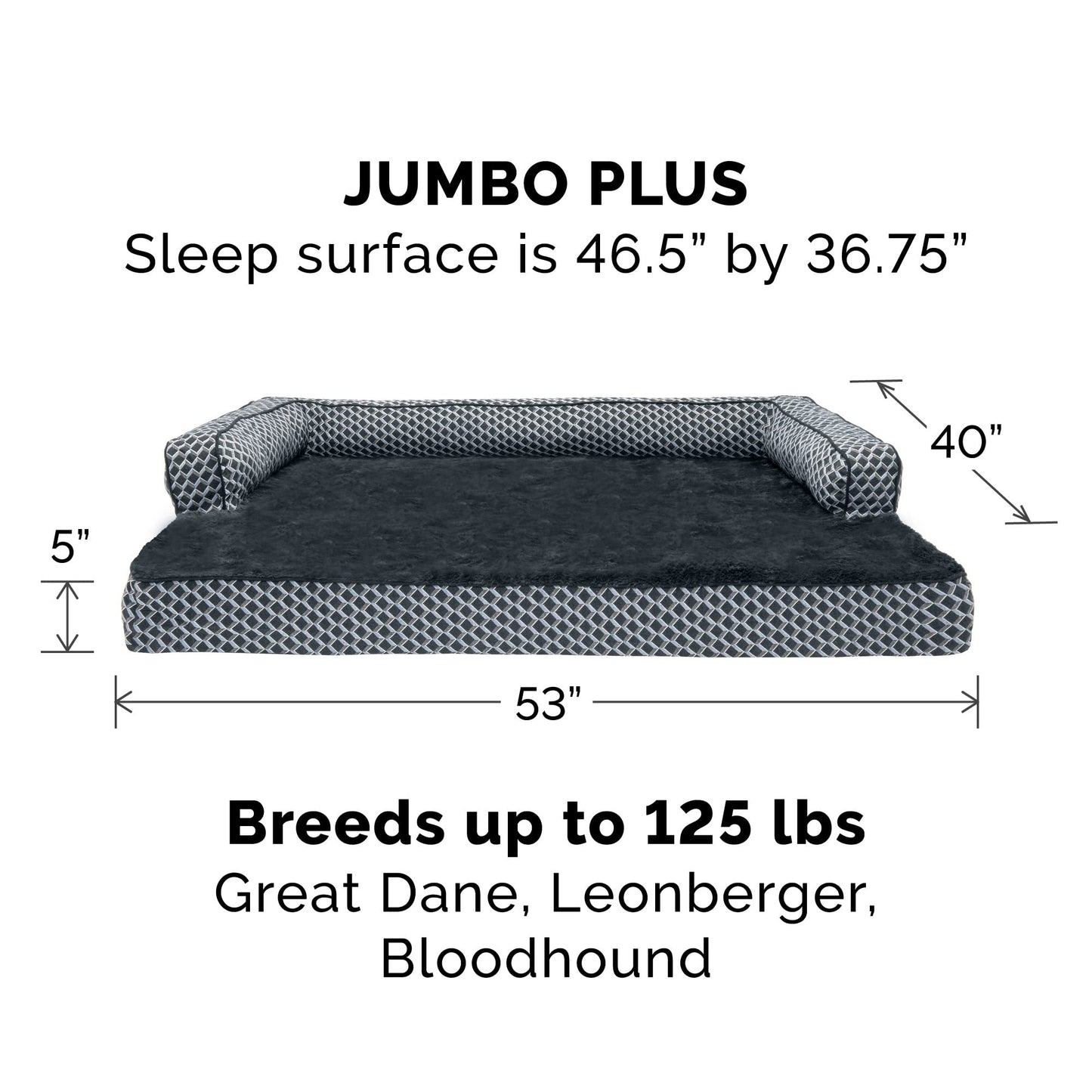 Furhaven Orthopedic Dog Bed for Large Dogs w/ Removable Bolsters & Washable Cover, For Dogs Up to 125 lbs - Plush & Woven Decor Comfy Couch Sofa - Diamond Gray, Jumbo Plus/XXL