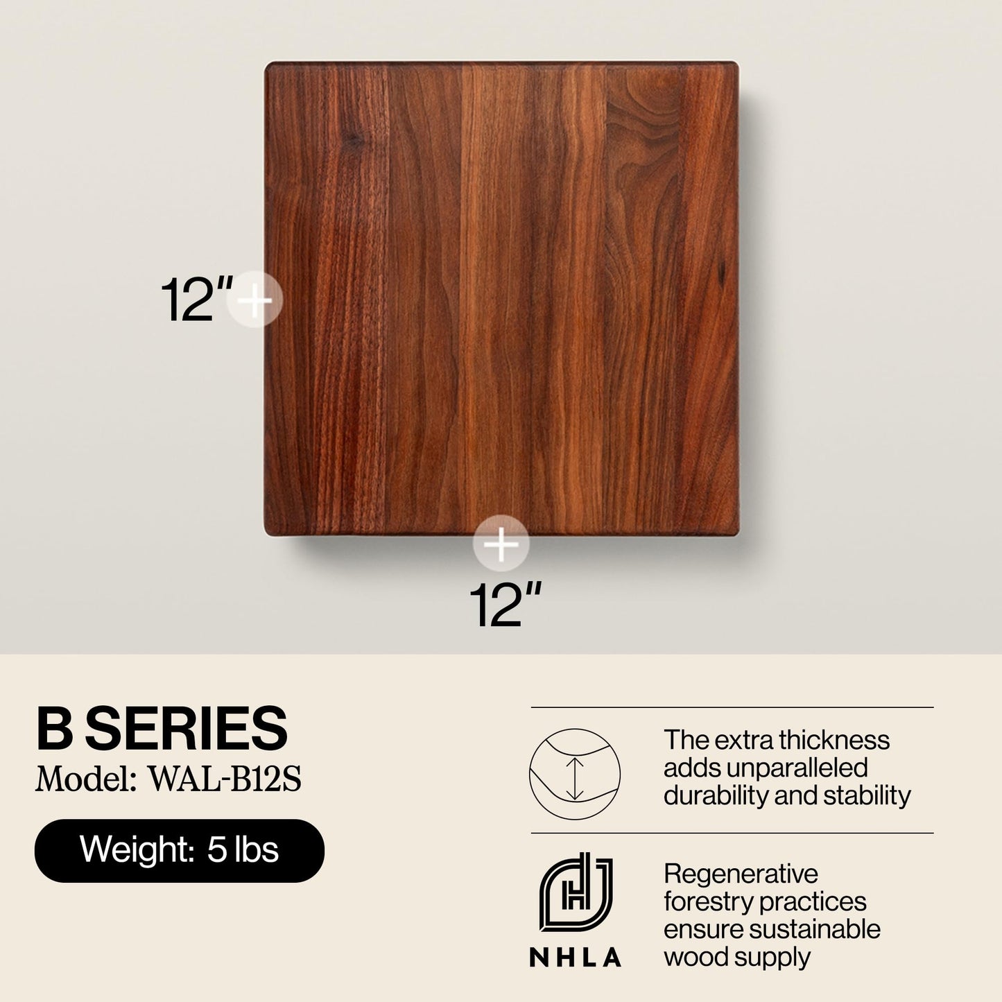 John Boos B Series Square Wooden Walnut Cutting Board 12”x12” – 1.5” Thick, 5-lb Non-Reversible Butcher Block with Wood Bun Feet & Edge-Grain