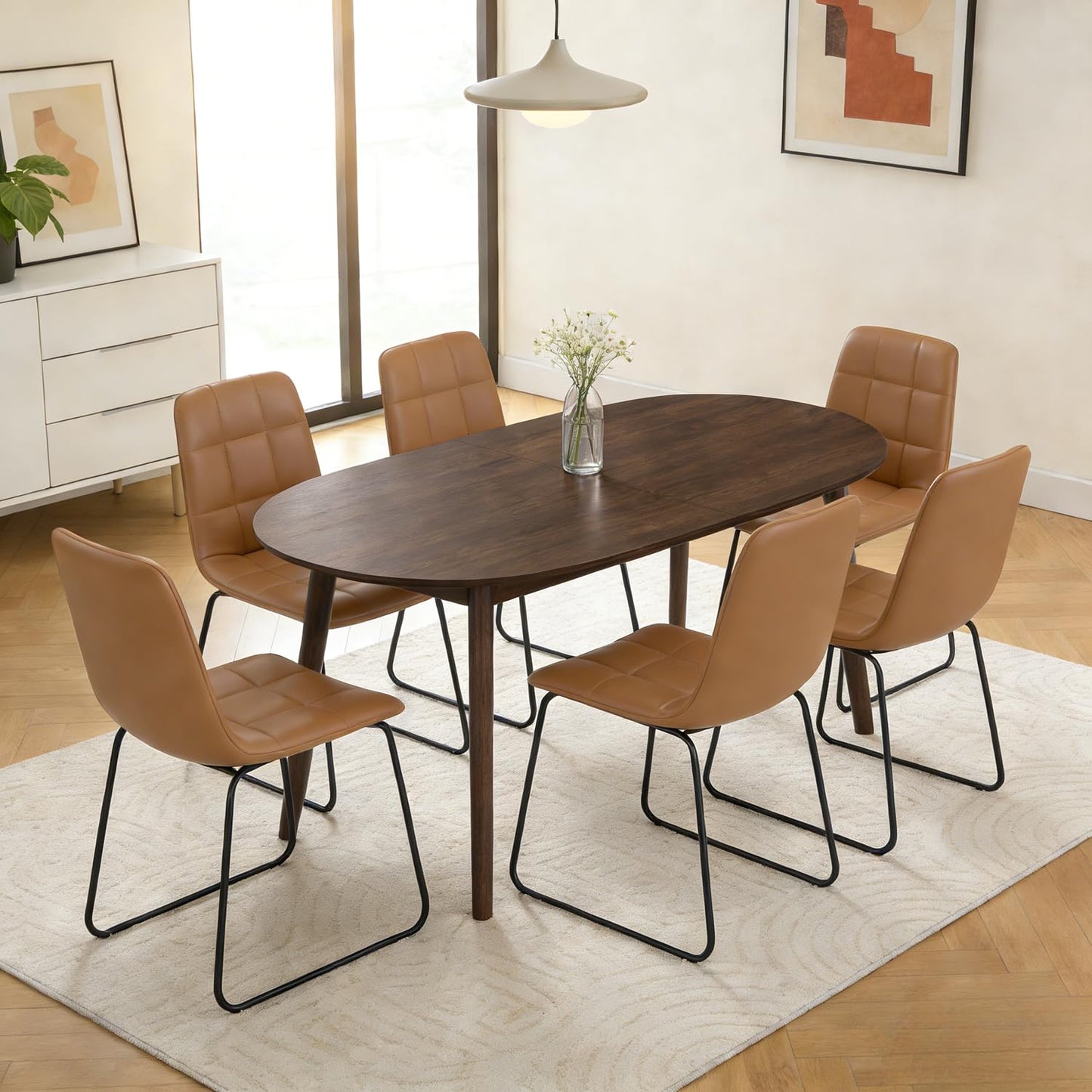 63" Oval Dining Table Set for 6, 7 Piece Modern Dining Table Set for Kitchen and Dining Room, Solid Wood Legs Dining Table with 6 Checkered PU Leather Dining Chairs(Walnut Table+6 Brown Chairs)