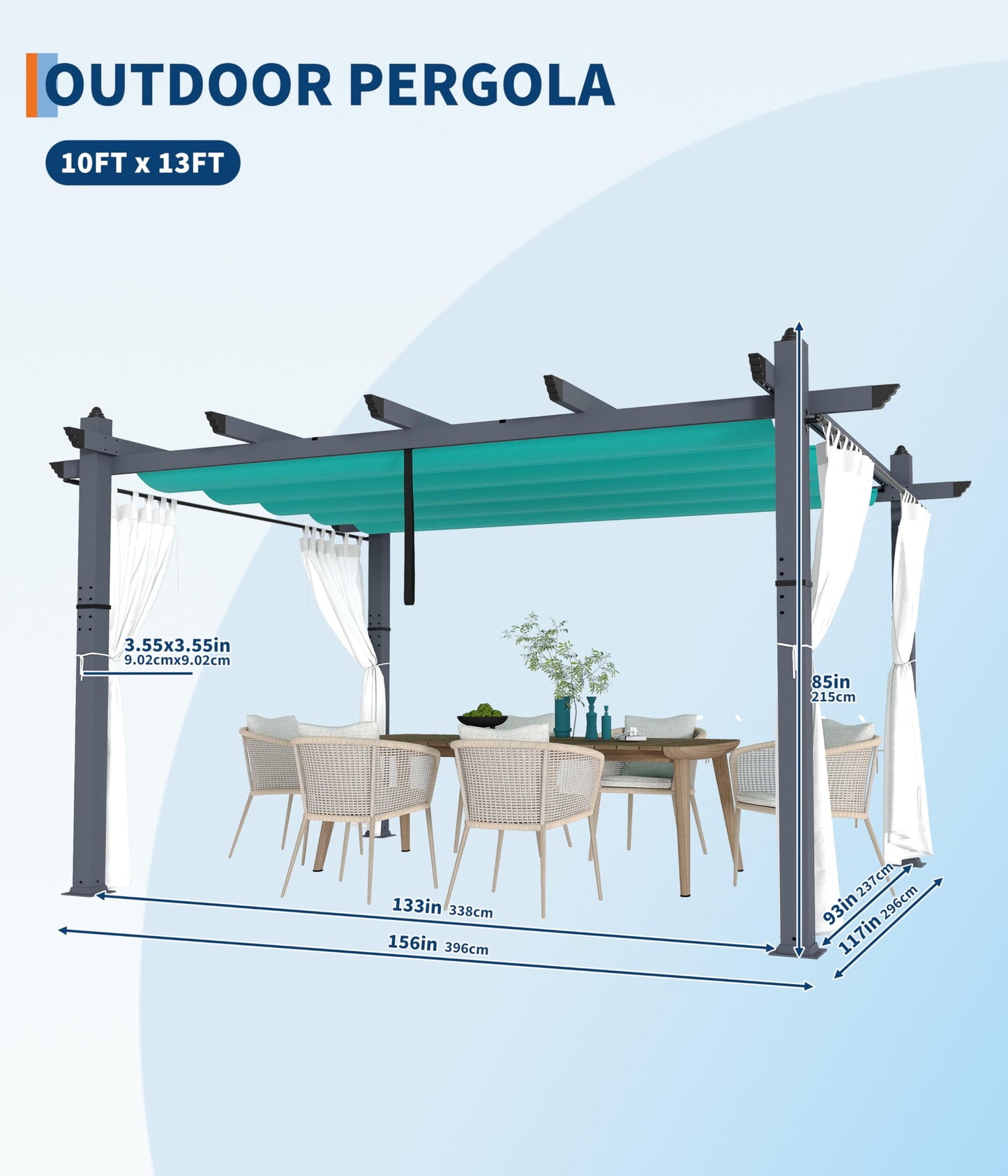 GarveeLife 10 x 13 ft Aluminum Pergola, Outdoor Metal Gazebo with Adjustable Canopy, Reinforced Frame Outdoor Shelter for Backyard, Patio, Garden and Deck - Blue with Mosquito Netting