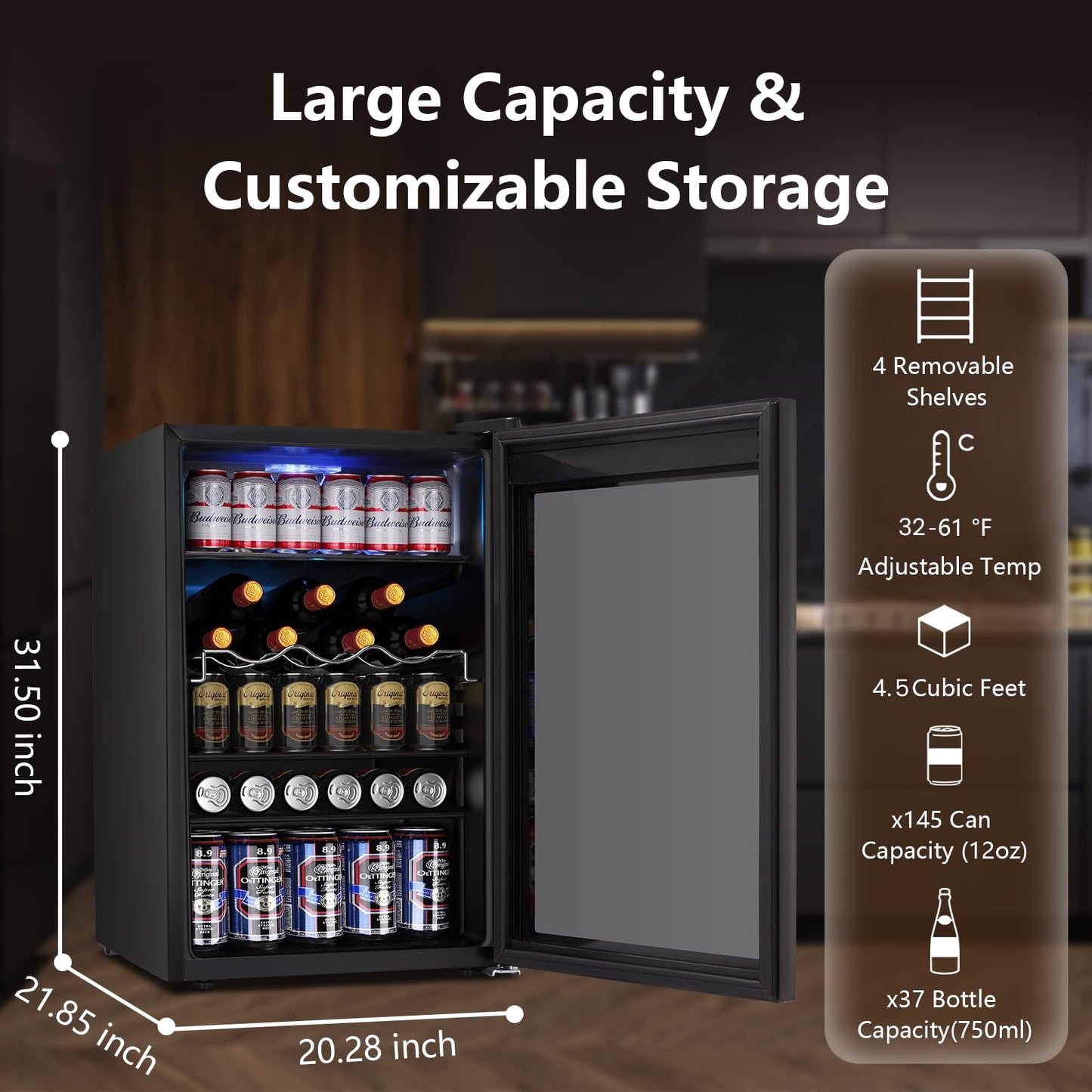 Electactic 37 Bottle Wine Fridge,Freestanding 145 Can Beverage Refrigerator with Smart Temperature Control,4.5 CU FT Quiet Mini Fridge with Child Lock Panel for Family Restaurant Bar, Black