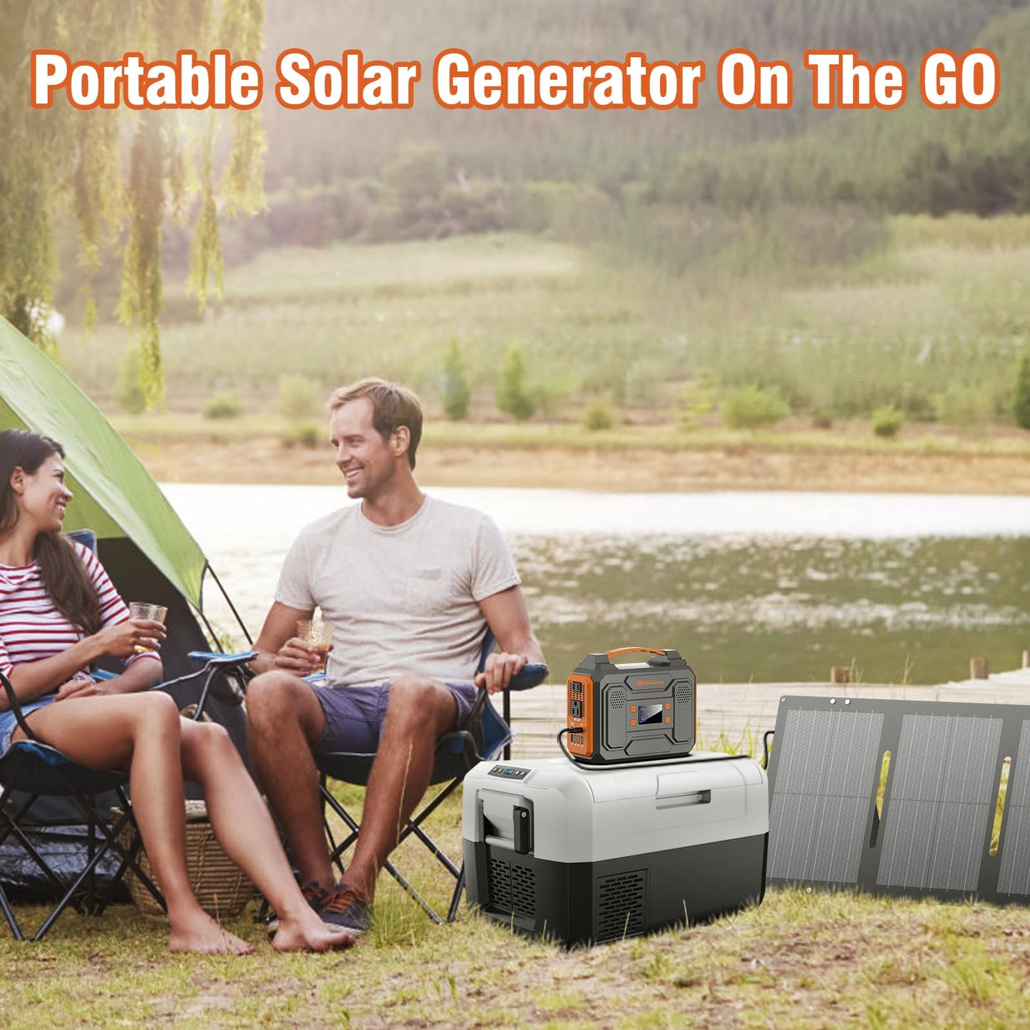 300W Portable Solar Power Station Generator with Foldable 60W Solar Panel Charger, 120W 110V Portable Power Bank with AC Outlet for Camping RV Van Home Outdoor Adventure Backup with USB C