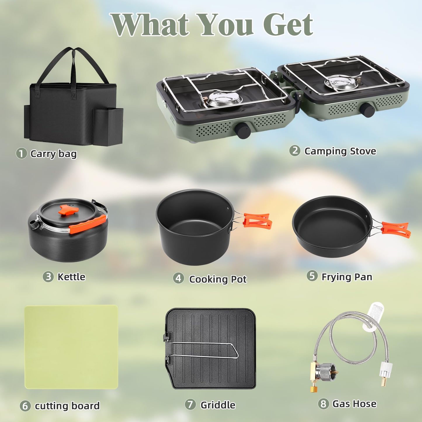 Hisencn Camping Stove,2 Burner Propane Camping Stove with Cookware Set,30,000 BTU Foldable Portable Gas Stove with Carry Bag,Outdoor Cooking Stove for Camping Gear,RV Essentials & Emergency,Green