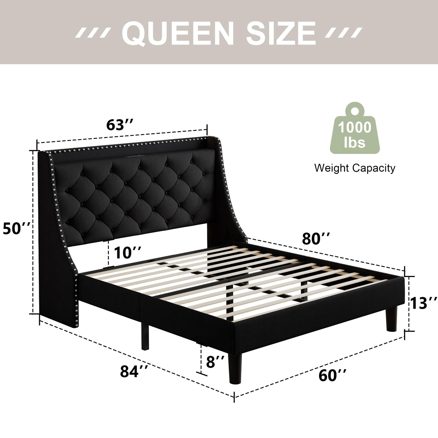 Feonase Queen Bed Frame with Luxury Wingback Upholstered Button Tufted Storage Headboard, Queen Platform Bed with Charging Station, Sturdy Wooden Slats Support, Noise-Free, Easy Assembly, Black