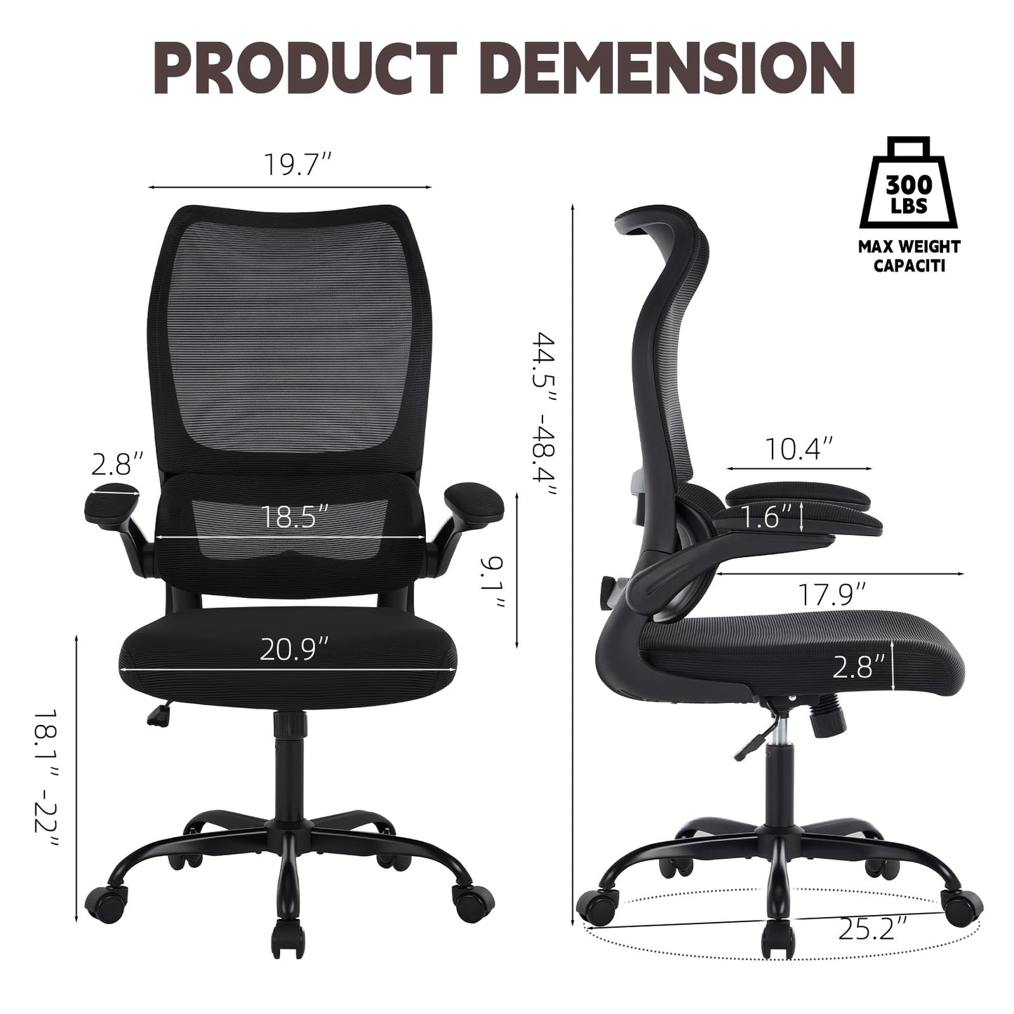 Ergonomic Office Chair, High Back Breathable Mesh Computer Desk Chair with Adjustable Lumbar Support and Flip-Up Armrests, 300LB Capacity Executive Swivel Task Gaming Seat for Home and Office (Black)