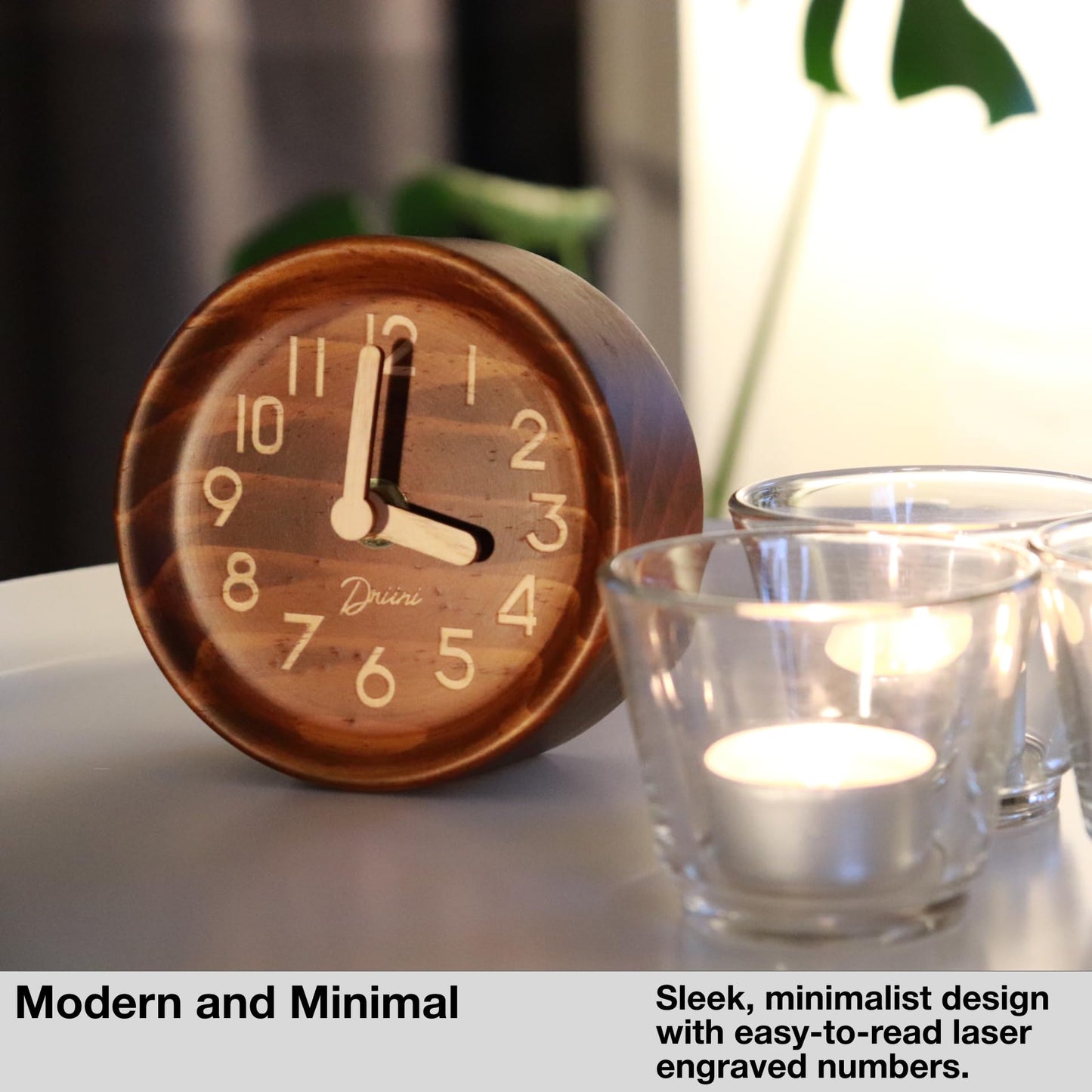 Driini Wooden Analog Desktop Clock – 4.3 in. Decorative Pinewood, No-Tick Design – Easy to Read Silent Sweep Mantle Clock – Quiet Tabletop Clocks with Wood Body, Hands, & Battery Cover; Dark