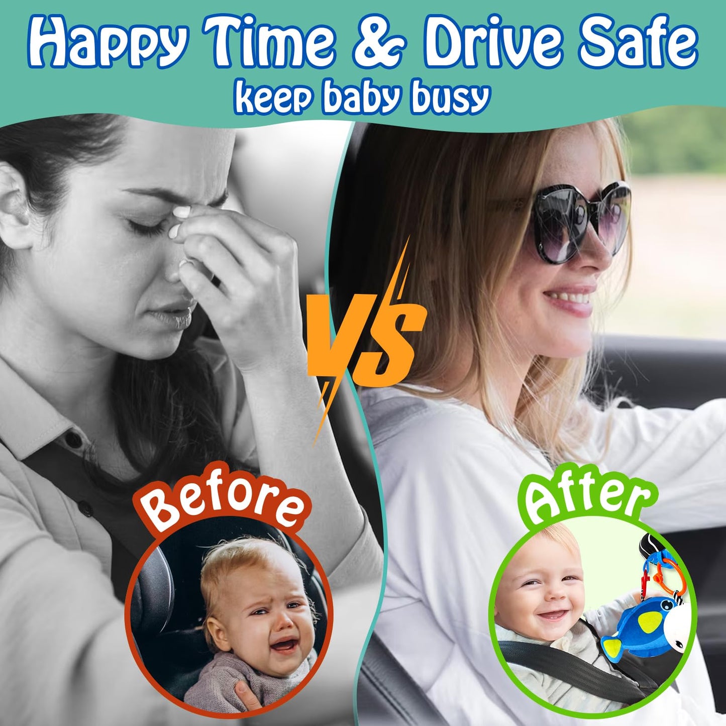 Innofans Baby Car Seat Ocean Animals Toys - Kick and Play Double Sided Infant Car Seat Toys with Plush Toys, Mirror, Teether for Baby Travel Activities, Christmas Birthday Gifts Newborn Infant Toy