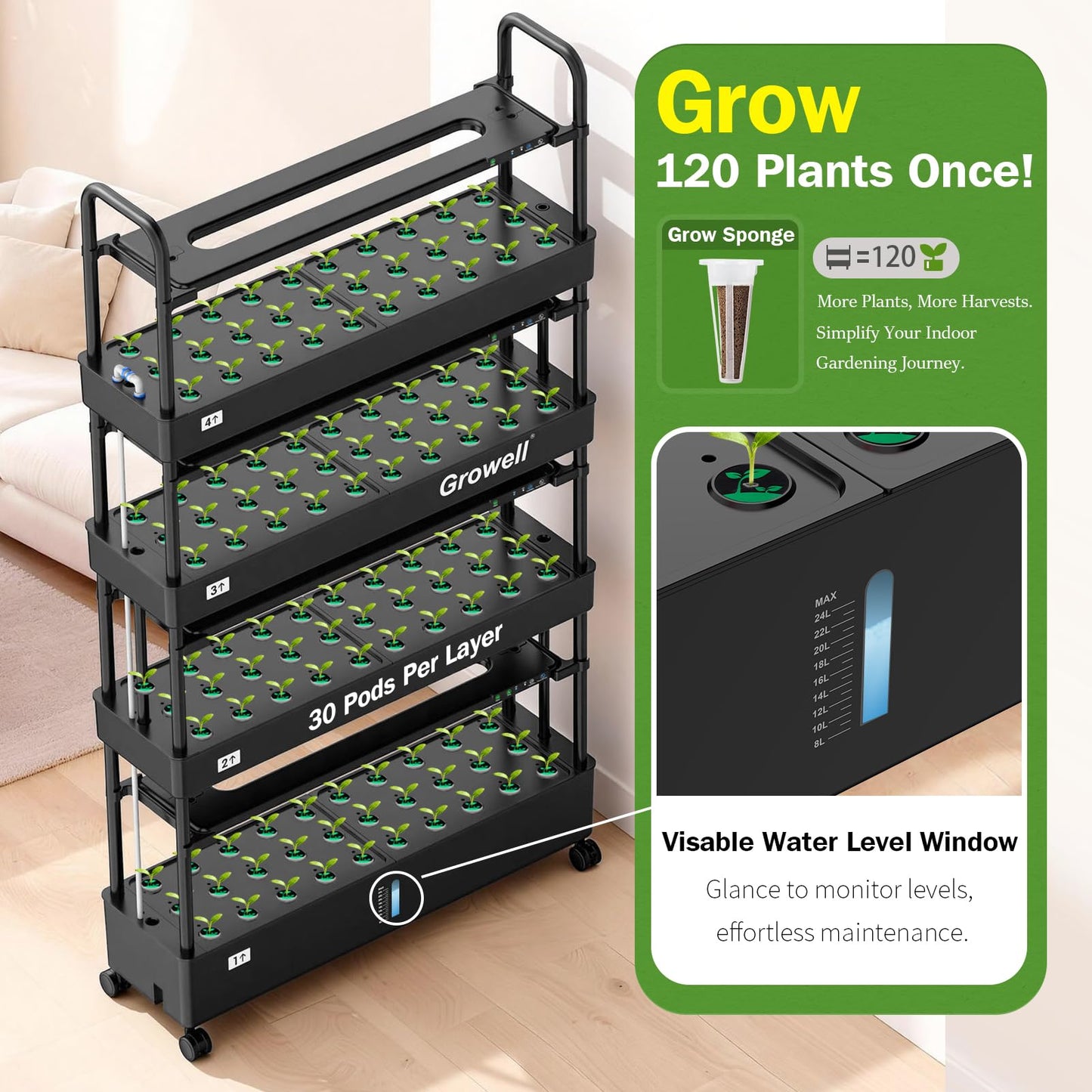 Growell Large Hydroponics Growing System Kit, 120 Pods Vertical Indoor Herb Garden Kit with 2 Light Modes & Auto Circulating Water System, 48L Movable Indoor Gardening System for Herb Vegetable Fruit