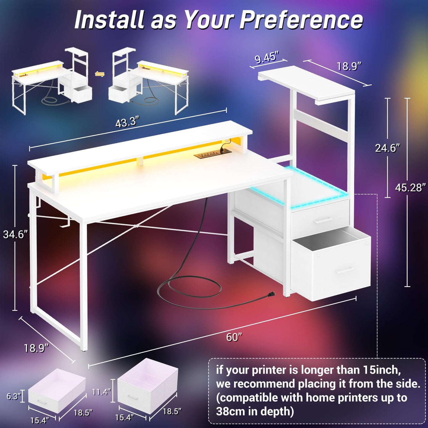 Aheaplus Gaming Desk with LED Strip & Power Outlet, 59Inch Reversible Computer Desk with Monitor Stand & Storage Shelves, Home Office Desks with Fabric File Drawer, Gamer Table PC Desk, White