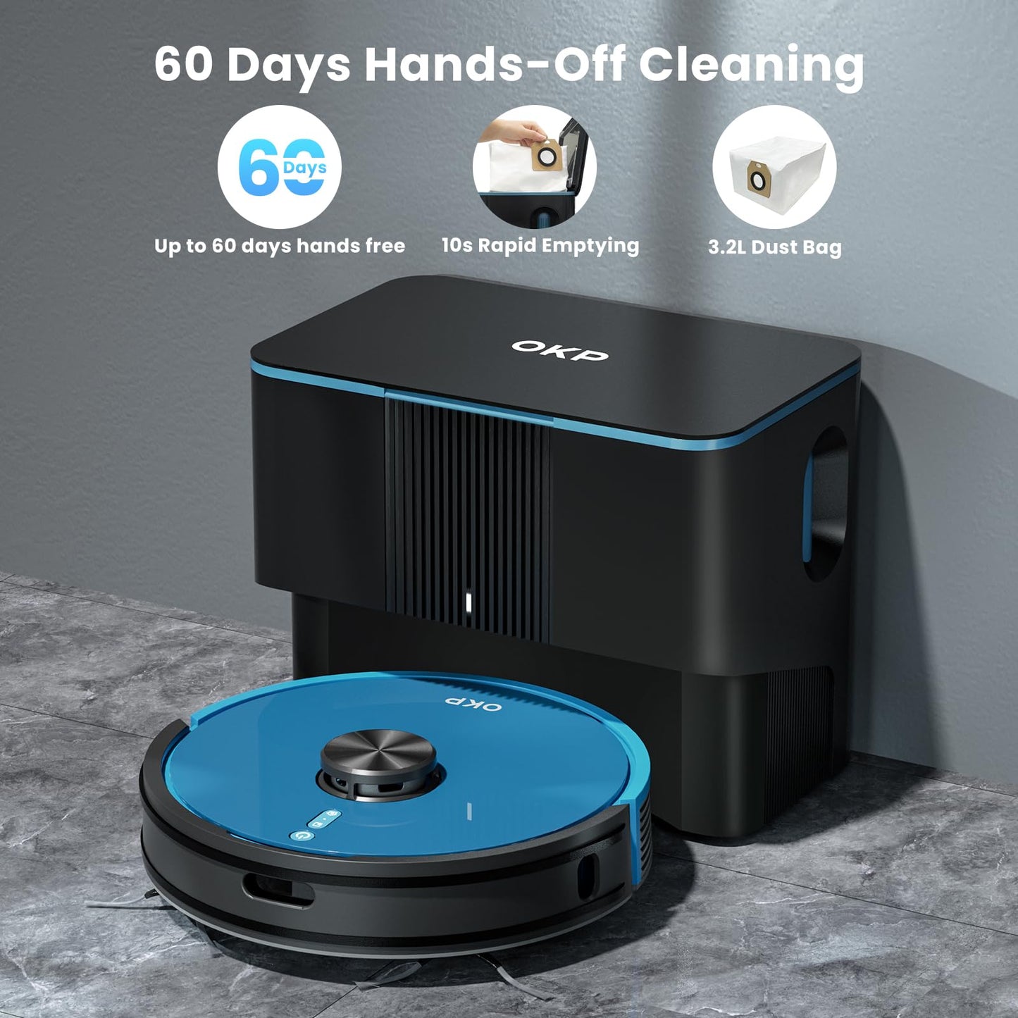 OKP L3 Robot Vacuum Self Emptying Station for 60 Days, LiDAR Navigation, 200Min,4000Pa Suction, 2.4G WiFi/App/Alexa Control, Robotic Vacuum for Pet Hair, Carpet, Floors,Blue