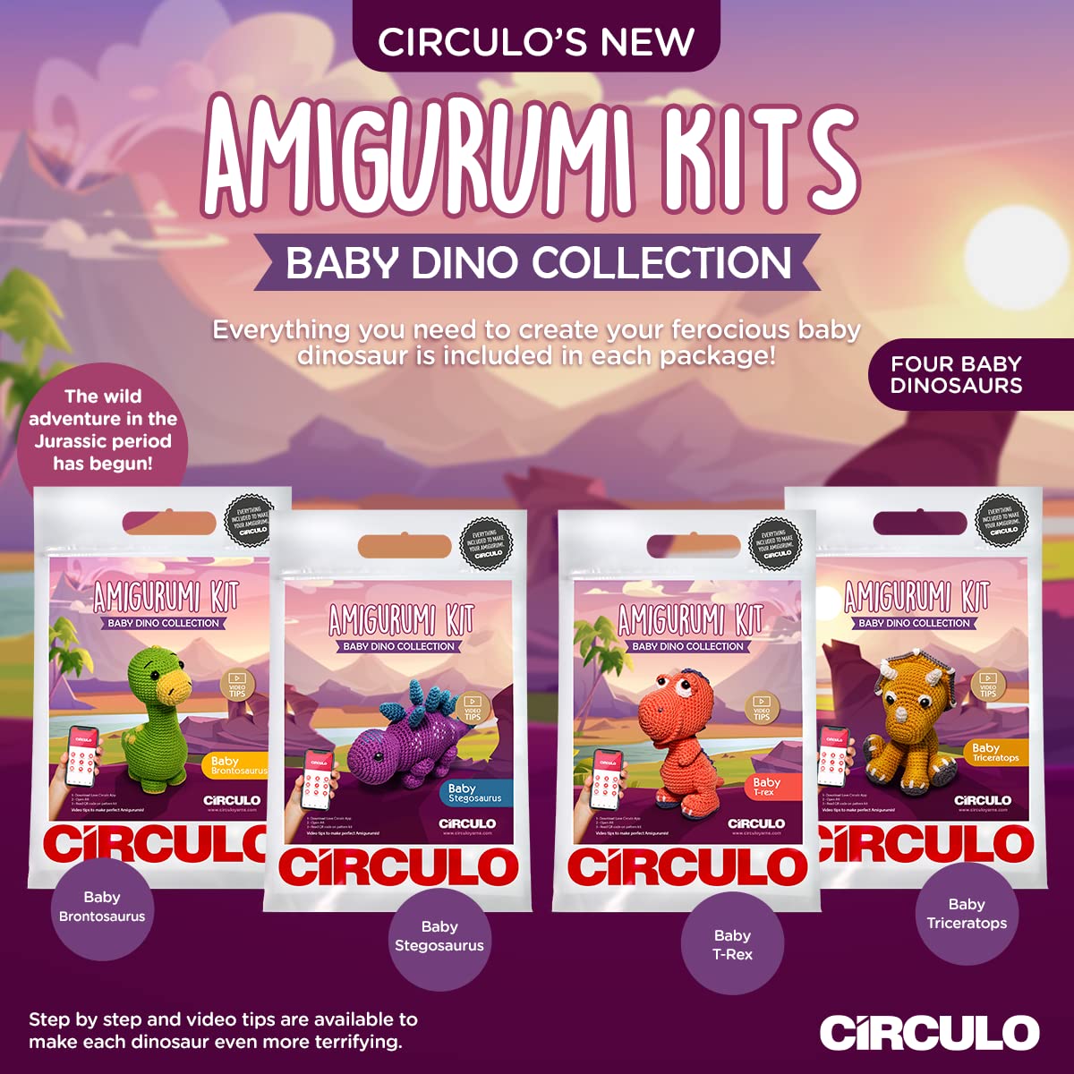 CÍRCULO Amigurumi Crochet Kit - Baby Dino - All Included, Easy Instructions - Crochet Kit for Intermediate - Crochet Set - Animal Crochet Kit, Premium Amigurumi Yarn for Crocheting – Brontosaurus