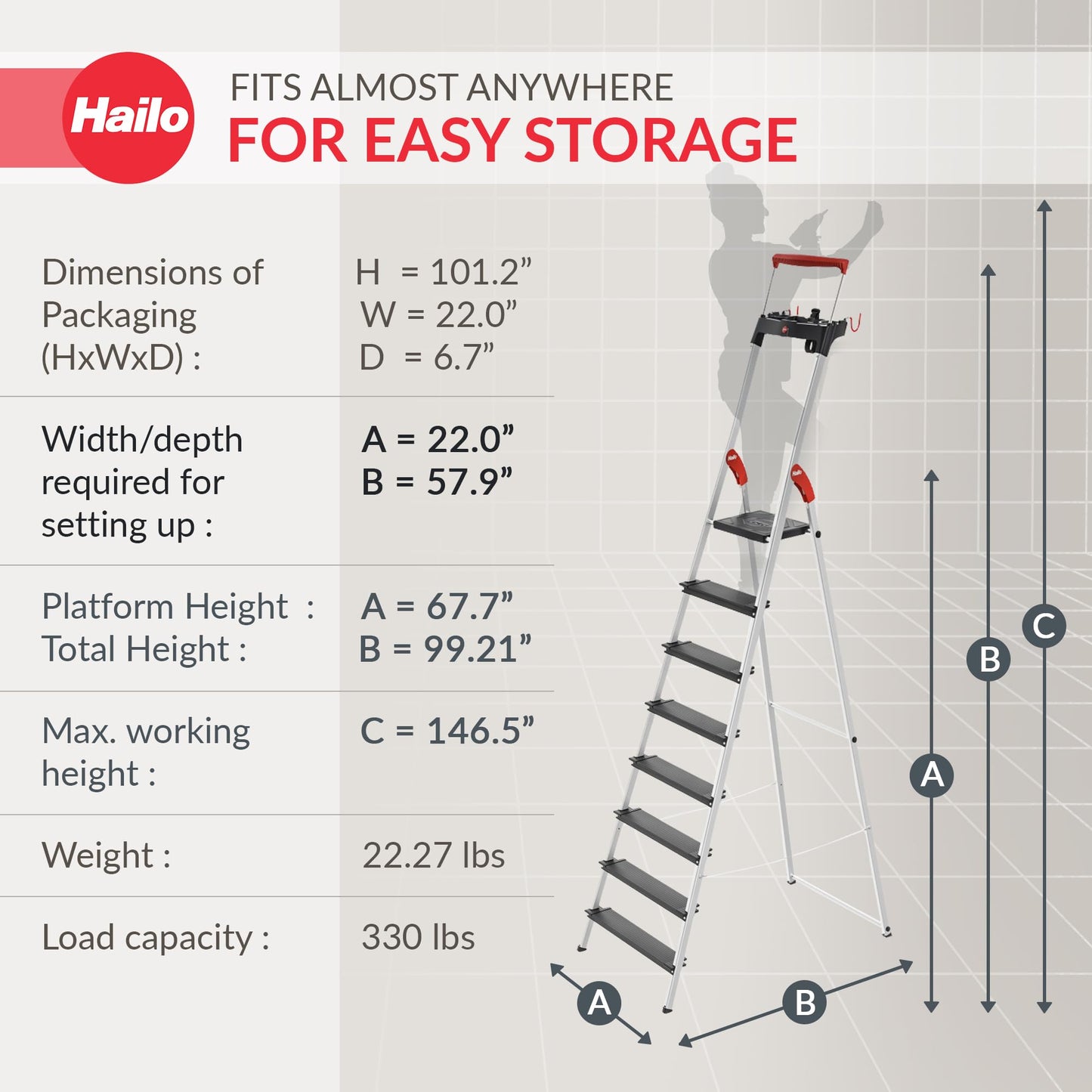 HAILO L100 Topline 8-Step Ladder β Aluminum Stepladder with Safety Bar, Tray, Locking Platform, XXL Non-Slip Steps, Hook, Strap, 330 lb Capacity, Max Working Height 146.5", EasyClix Compatible