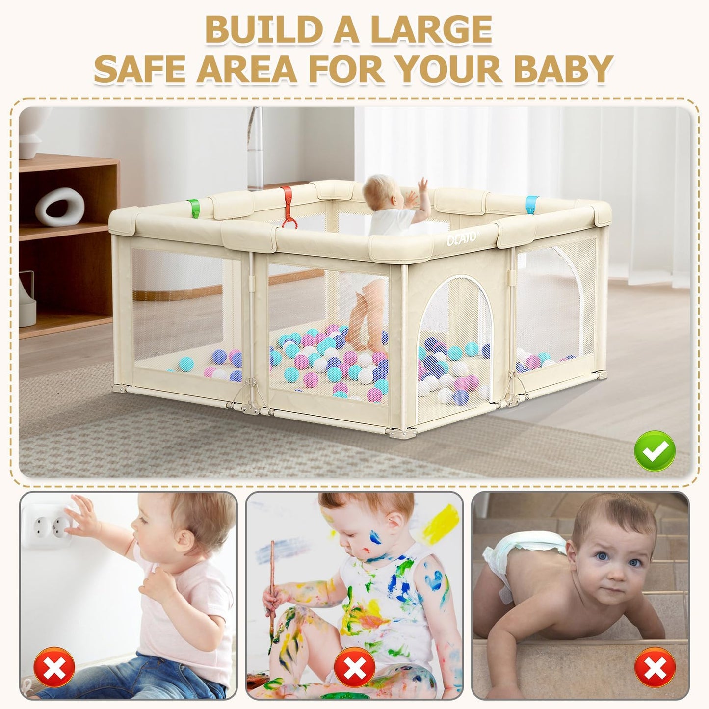 OCATO Baby Foldable Playpen: Playpen for Babies and Toddlers Baby Play Pen Gate Portable Playpen Fence Indoor Outdoor Kids Safety Area Travel Play Yard Babies Essentials Pack n Plays (50" × 50")