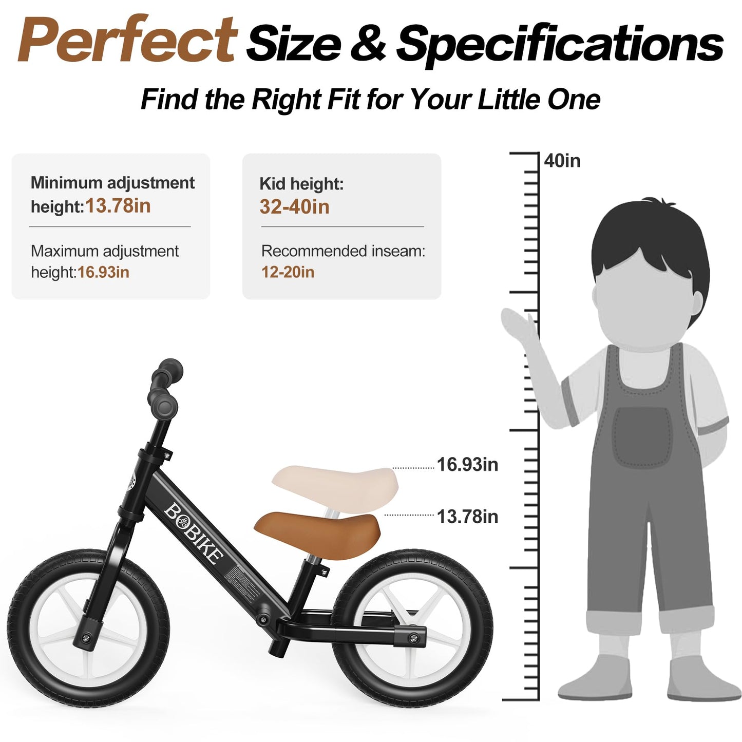 Bobike Toddler Balance Bike, Balance Bike with Footrest for Ages 2-5, Adjustable Seat & Handlebar, No-Pedal Training Bicycle, Gift for Boys and Girls(Black)