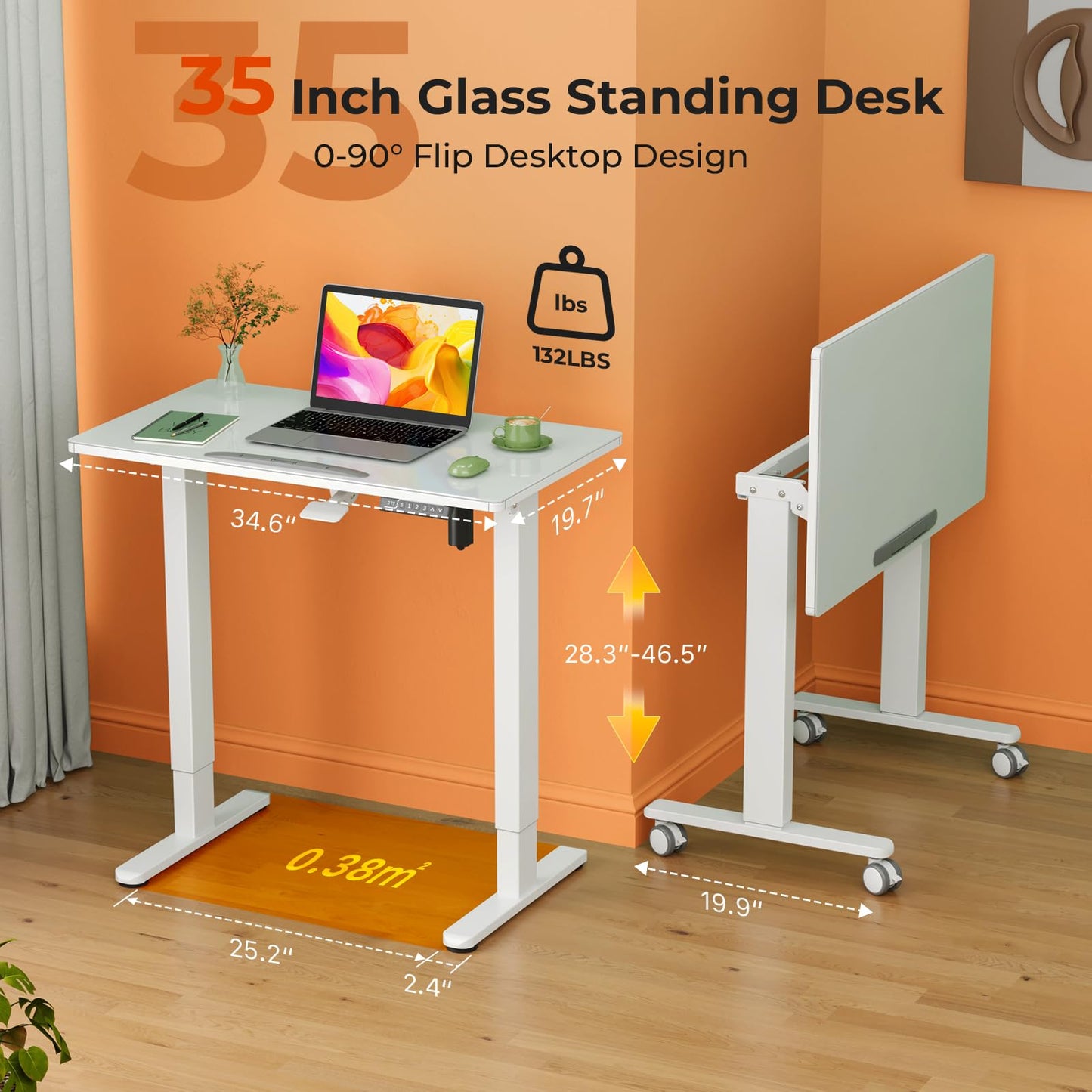 Liftsync 35inch Glass Standing Desk,90° Tiltable Mobile Rising Desk Height Adjustable,Whole Piece Rolling Drafting/DrawingTable with Wheels,Foldable Small Laptop Art Desk,White