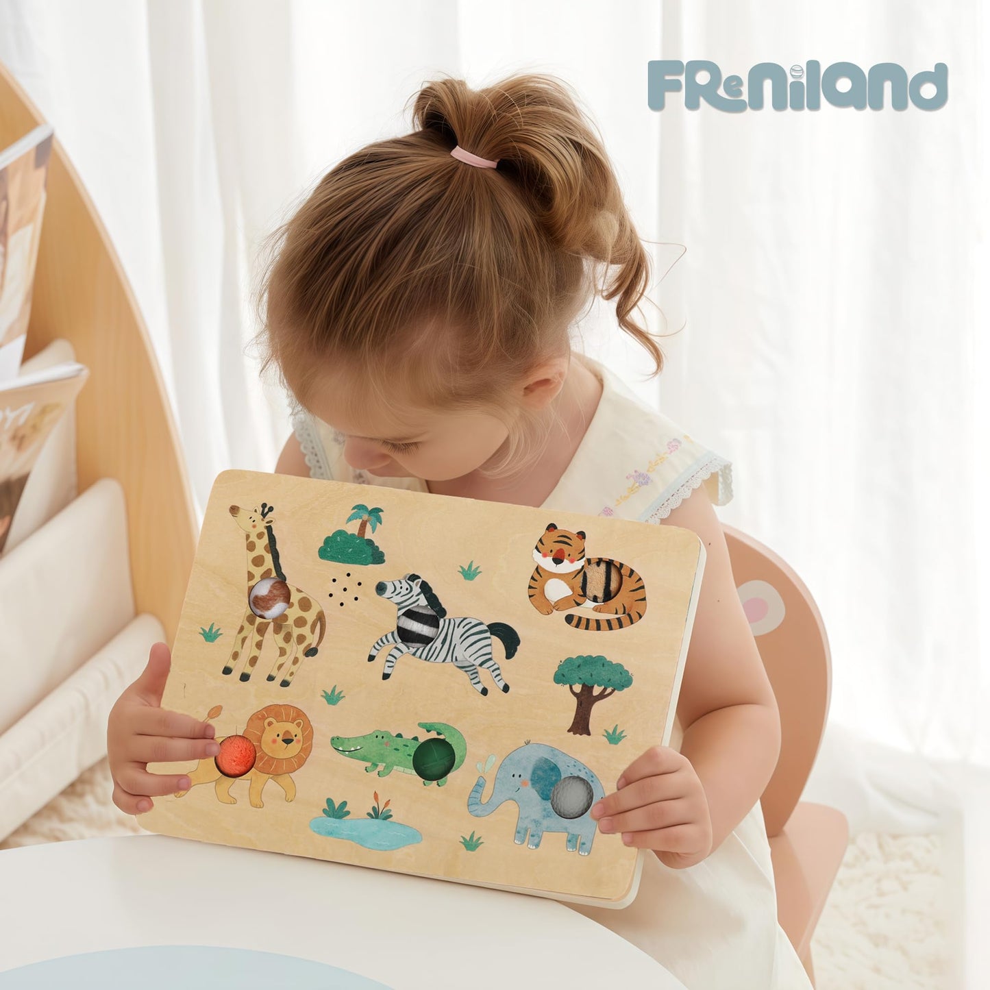 Freniland Press-to-Play Wild Animal Sound Puzzle for Toddlers, Wooden Safari Sound Board with Push Buttons, Montessori Learning Toy for 18M+