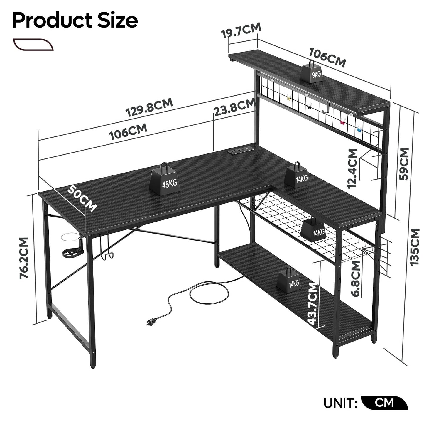 Bestier Gaming Desk 51" L-Shaped, with Power Outlets & LED Lights- 4 Tier Shelves, Reversible Gamer Table with Hooks & Cup Holder for Home Office Carbon Fiber Black