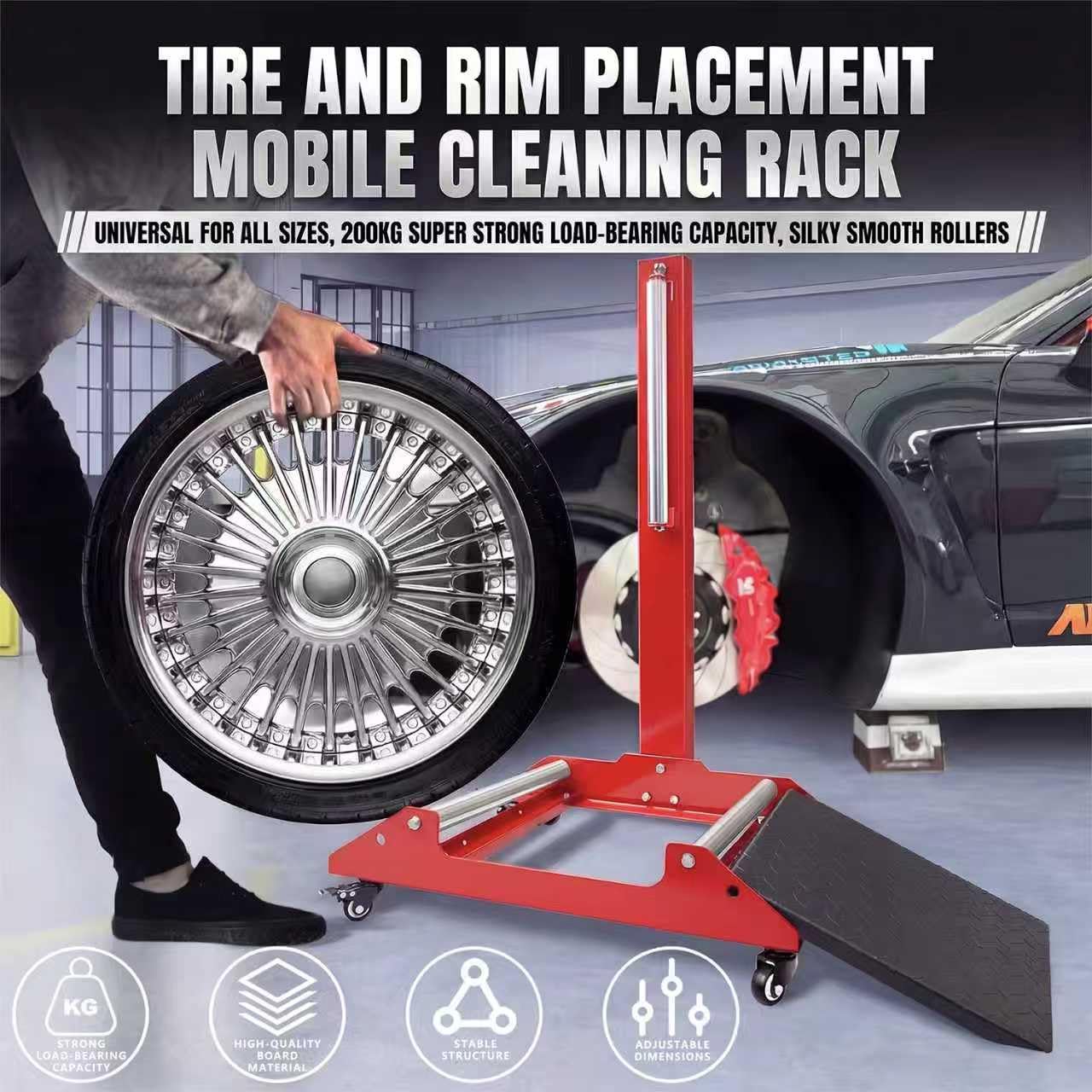 DESEQPT Upgraded Rolling Wheel Detailing Stand β Heavy-Duty Tire Cleaning and Polishing Roller with Wheels Handle Ramp and 3-Way Rotating Rollers for Ceramic Coating, Tire Shine, Car Wheel Wash