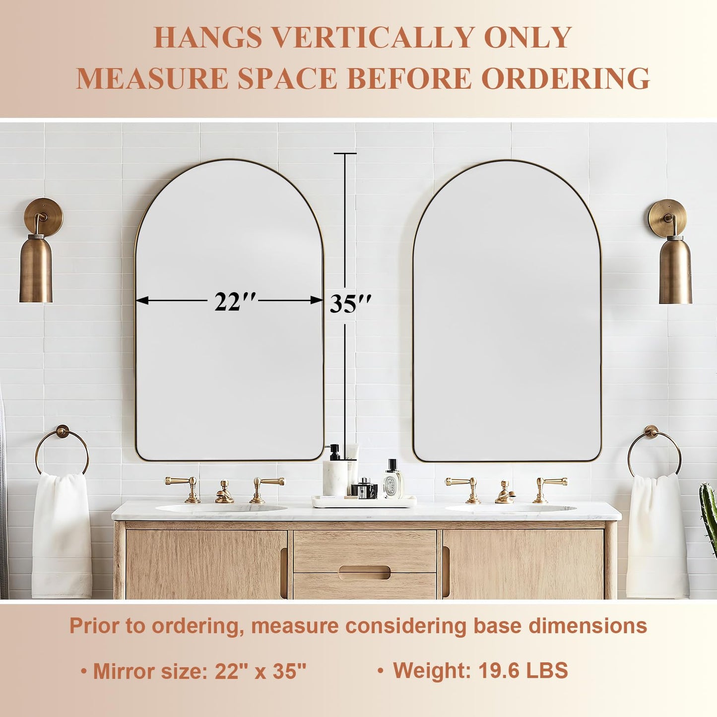 ANDY STAR Arched Mirror, 22" x 35" Gold Bathroom Mirror in Stainless Steel Metal Frame, Arch Top Rounded Corner 1" Deep Set Design Wall Mount Hangs Vertical