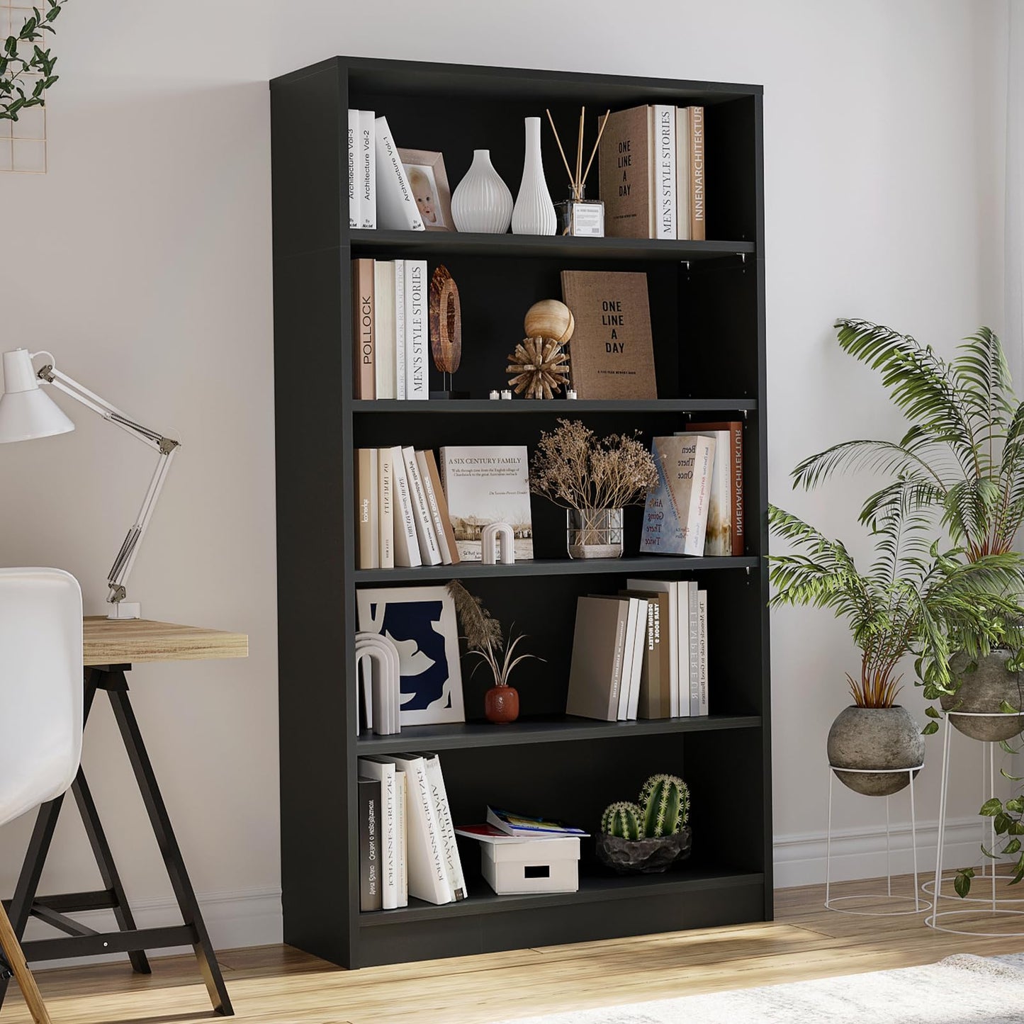 i-VTIES 5-Tier Bookshelf,60inch Tall Bookcase with Adjustable Shelves,Modern Display Book Shelf,Wood Storage Shelves for Bedroom, Office, Living Room & Library(Black)