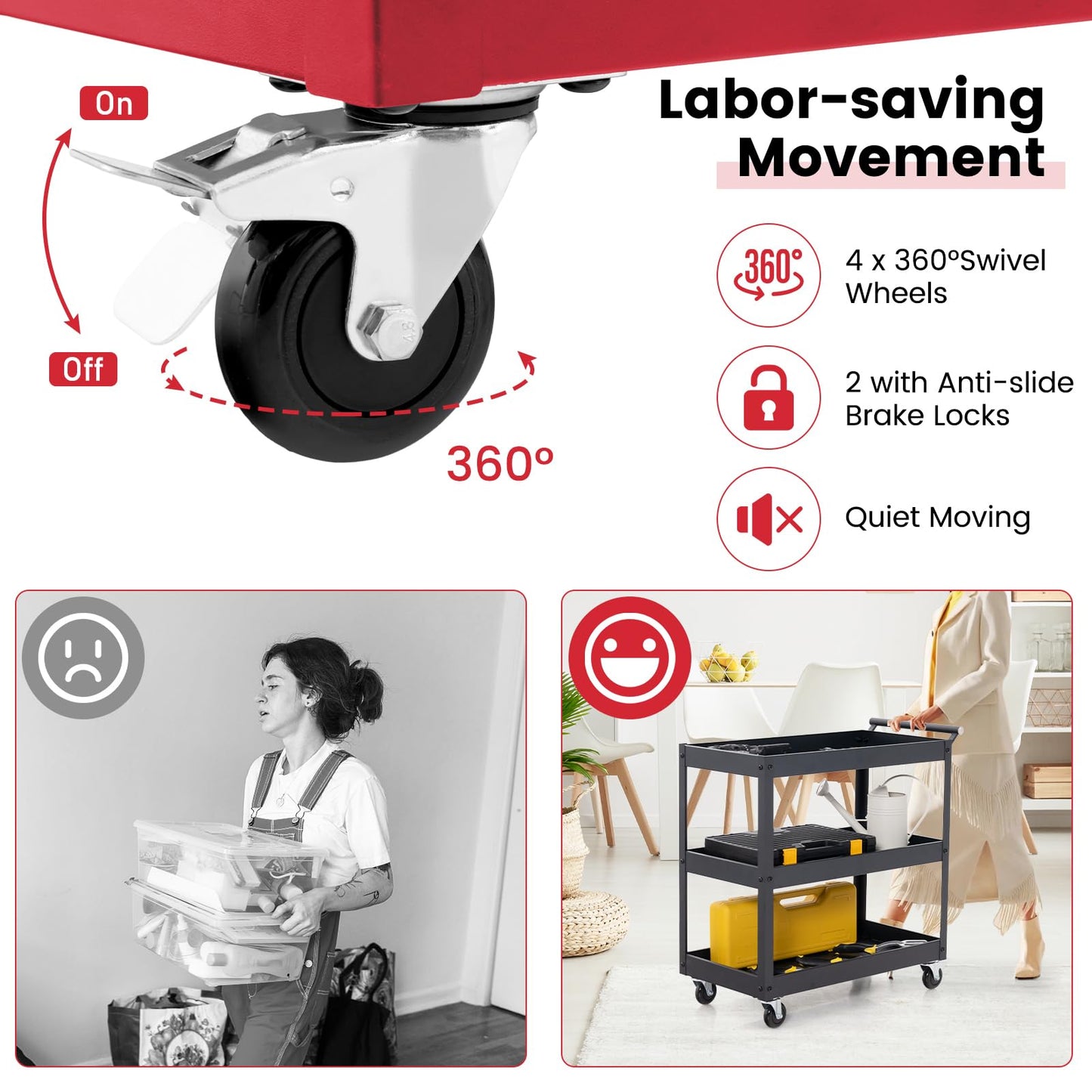 Goplus 3-Tier Utility Cart, Heavy Duty Commercial Service Tool Cart w/Lockable Wheels, 330lbs Load Capacity, Ergonomic Handle, Rolling Mechanic Tool Cart Storage Organizer for Warehouse Garage Red