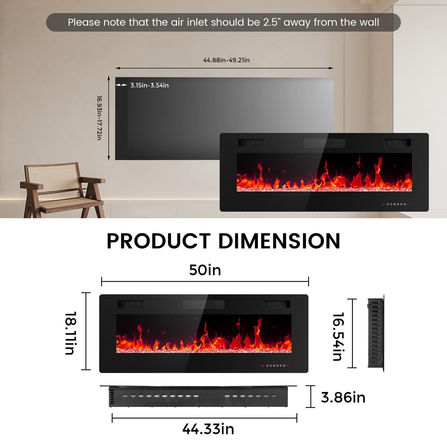 Electactic Electric Fireplace 50 inch Ultra Thin, Recessed and Wall Mounted Electric Fireplace with Remote Control, Fireplace Heater, Timer, Adjustable Flame Color, 750w/1500w, Black