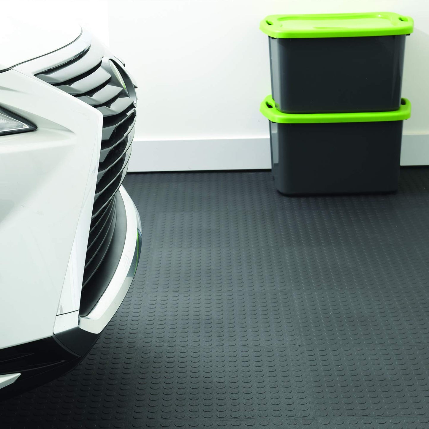 VersaTex Garage Floor 18 x 18 inch Square Plastic Raised Coin Interlocking Floor Tiles for Home Gym, Garage Flooring, Trade Show Flooring, Basement Tiles, 24 Pack (Black)
