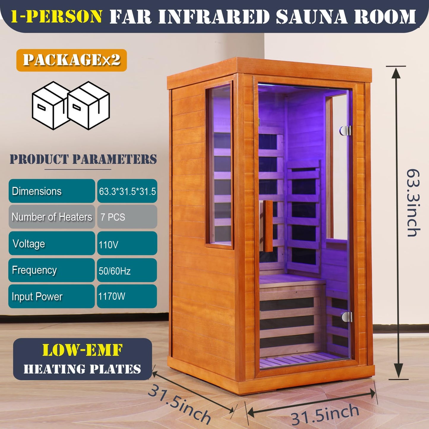 AWUCRSI 1-Person Infrared Saunas for Home,7 Low EMF Carbon Fiber Heating Panels,Okoume Wood with Tempered Glass Door,Red Light Therapy,Bluetooth Speaker,7 Color Chromotherapy Light,31.5"x31.5"x63.3"
