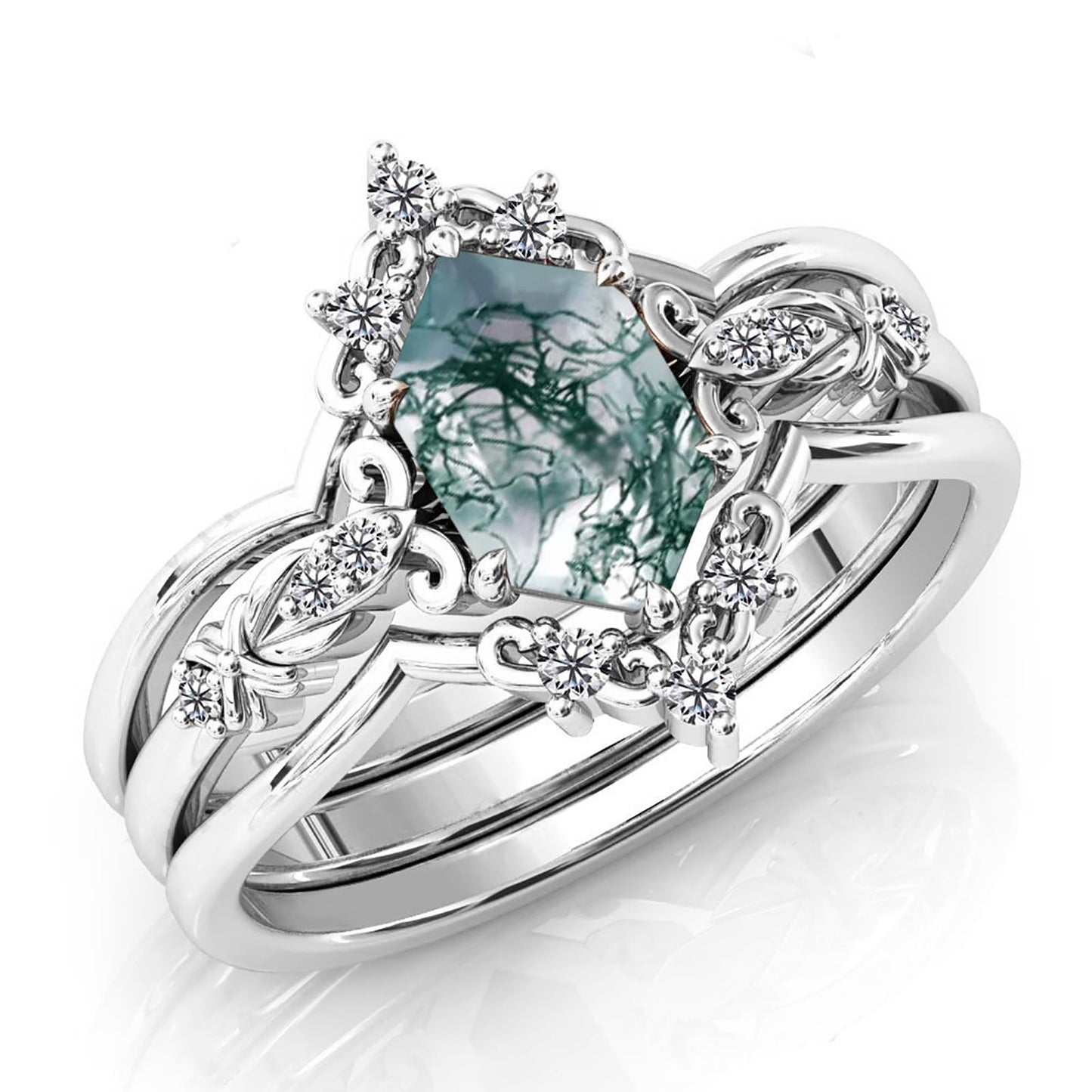LELOUCHY Natural Moss Agate 925 Sterling Silver Rings Set Leaf Art Deco Hexagon Moss Agate Engagement Wedding Promise Rings Set Vintage Unique Bridal Jewelry Set for Women-9
