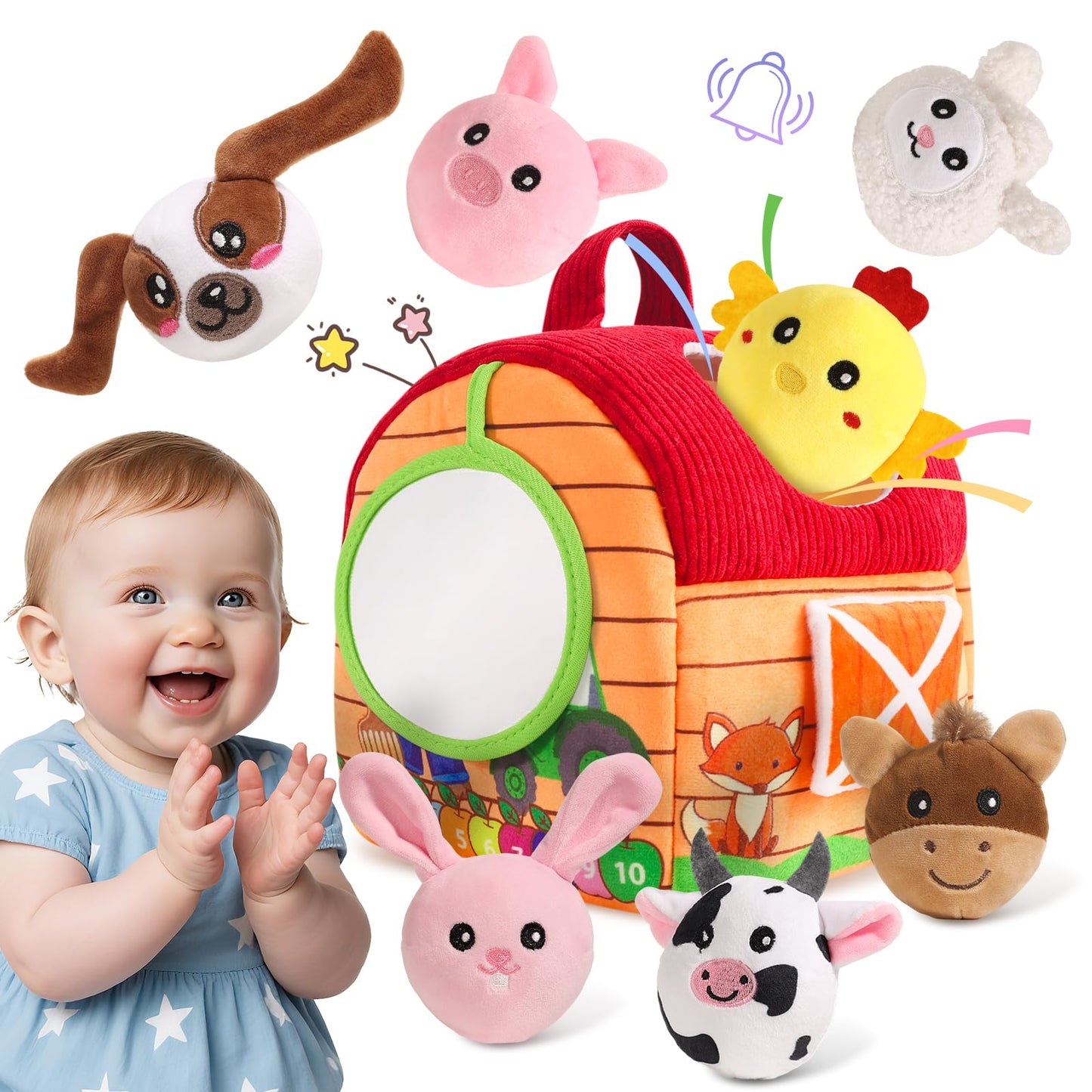 HuToYii Baby Toys 6-12 Months, Plush Barn with Stuffed Farm Animals, Sensory Rattle, Mirror, Crinkle, Montessori Toys for 6 Month Old Babies for Infant & Toddler 1-3 Boy and Girls