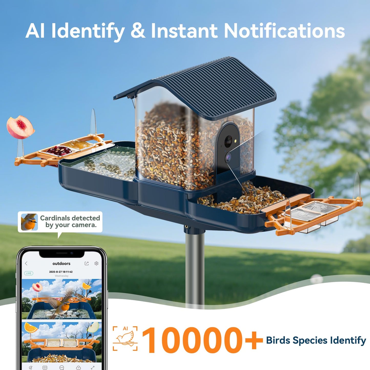 KUIKEO Dual-Lens Bird Feeder with Camera & Bird Bath Combo, Watch Birds Eat & Bathe with WiFi 2K HD Video, Auto Record, AI Recognition, APP Alerts, Solar Powered, for Backyard Garden Porch Fence Decor