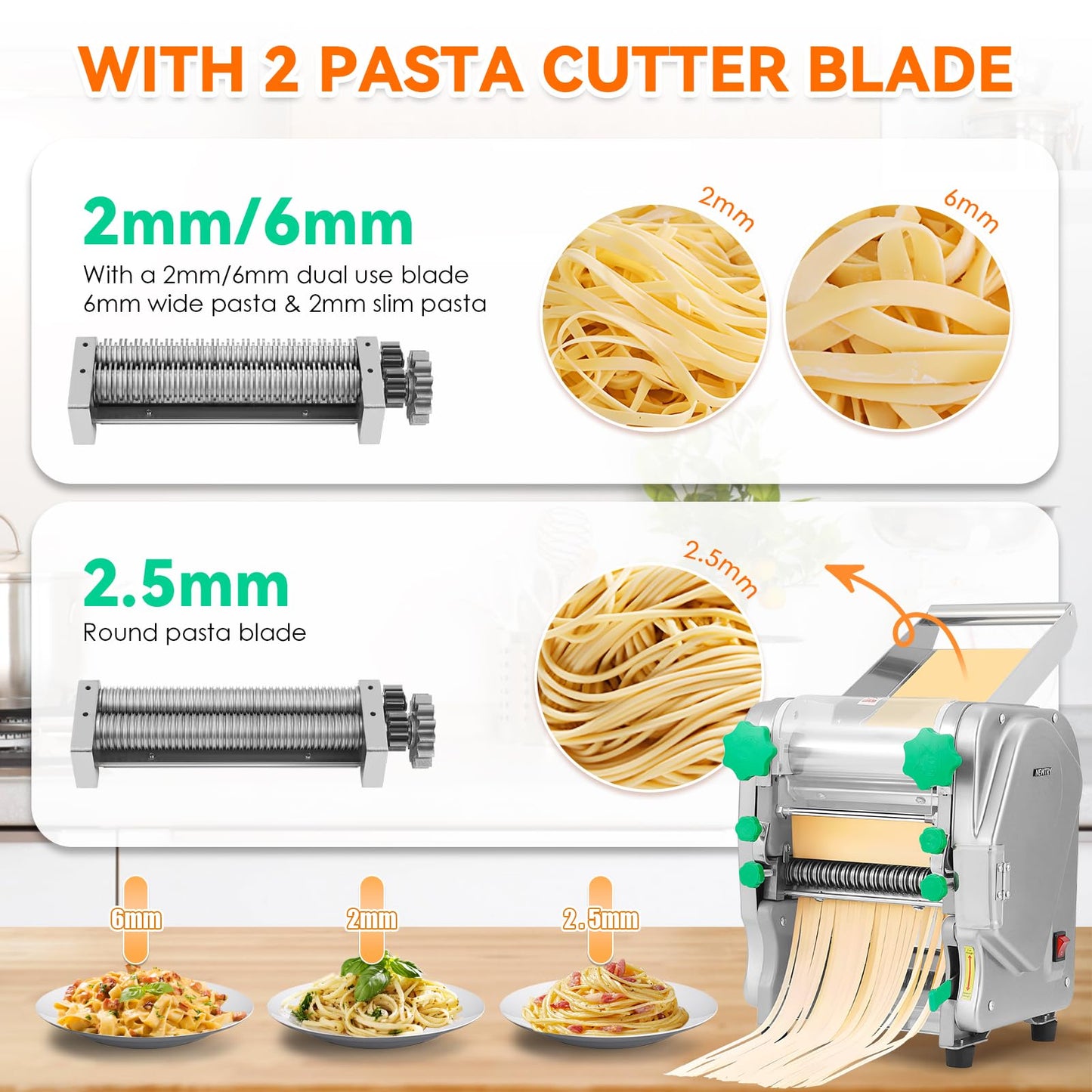 NEWTRY Commercial Pasta Maker Machine Electric Dough Roller Noodle Making Machine with 2/6mm and 2.5mm Round Blade Thickness Adjustable for Fettuccine Pasta 110V