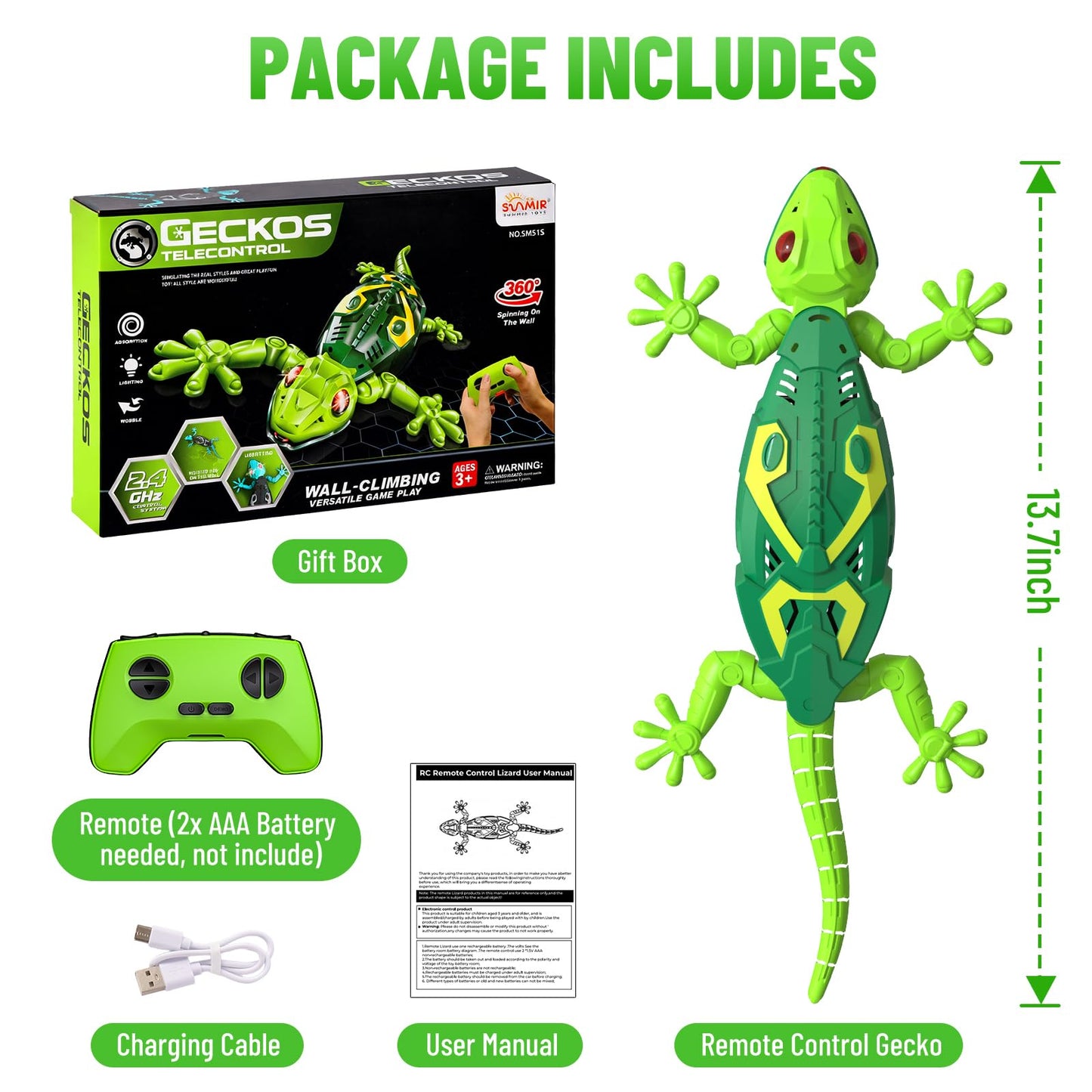 Envyvip RC Wall Crawler Gecko, Rechargeable Remote Control Robot Kids Toys, Wall Climbing Funny Prank Toys Birthday Gifts for Boys & Girls Ages 4 and Up, Upgrade Low Noise (Green)