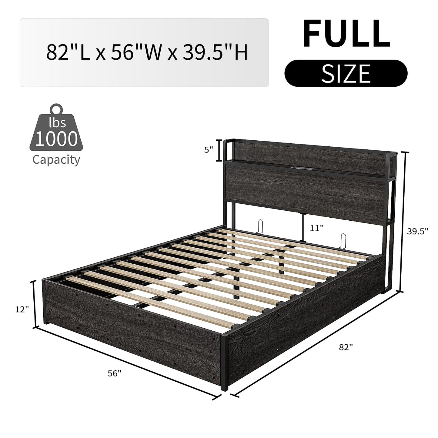 LUXOAK Full Size Lift Up Storage Bed, Wood Platform Bed Frame with Storage Headboard & Charging Station, No Box Spring Needed, Easy Assembly, Black