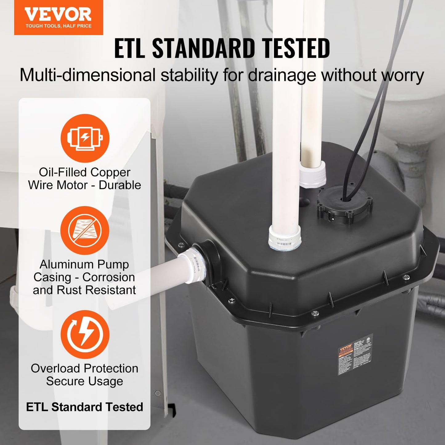 VEVOR Utility Sump Pump, 1/2 HP, 120-Volt, 3500 GPH Flow, 28 ft Head, Under-Sink System with 6 Gallon Basin, Automatic Utility/Laundry Pump, Drain Pump with 1-1/2" NPT Outlet, Black