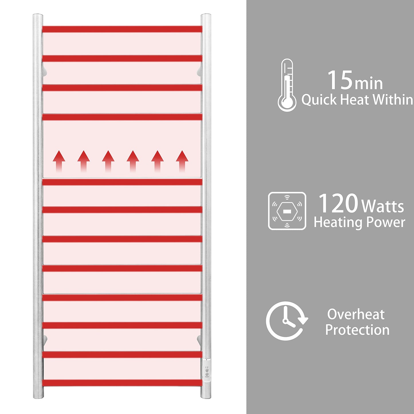 KEG Towel Warmer Wall Mounted with Built-in Timer 12 Bars Electric Stainless Steel Heated Towel Racks for Bathroom, Hot Plug-in Bath Towel Heater Brushed Nickel