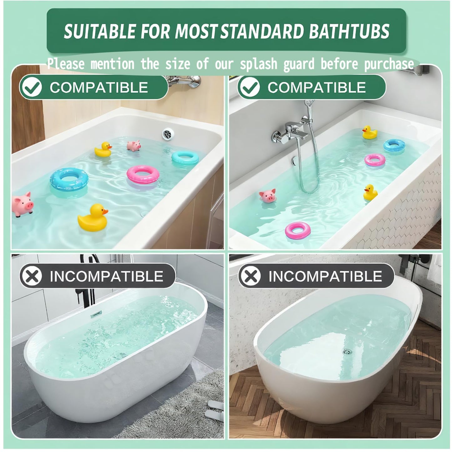 Bathtub Splash Guard for tub Kids& Bath Shelf for Kids – Toddler Bath Tray, Bath Toys Storage & Ledge Organizer – Splash Guard for Bathtub with Suction Cups – Kids Bathroom Accessories(2.6FT, Green)
